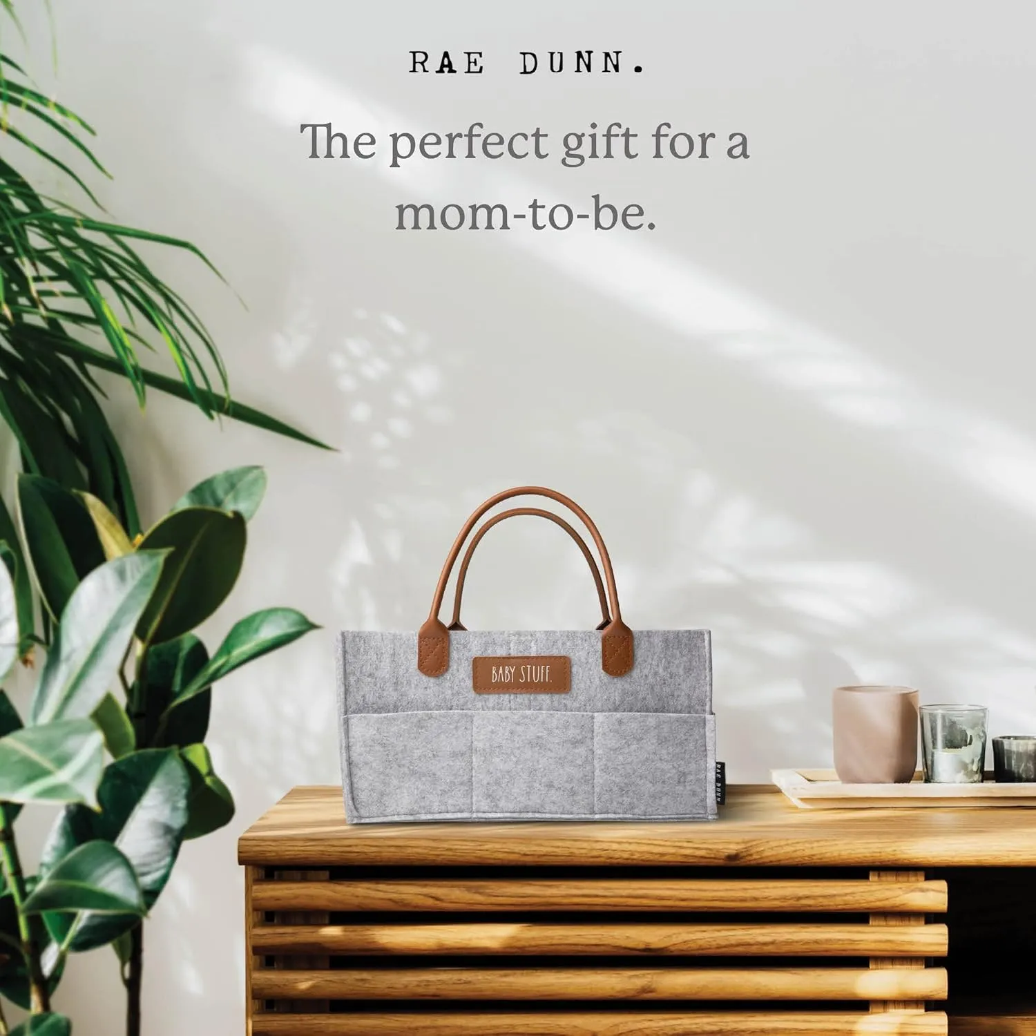Rae Dunn Baby Diaper Caddy Organizer, Nursery Storage for Changing Table and Car, Portable Basket for Items, Shower Gifts, Grey Felt With Leather Handles, Small
