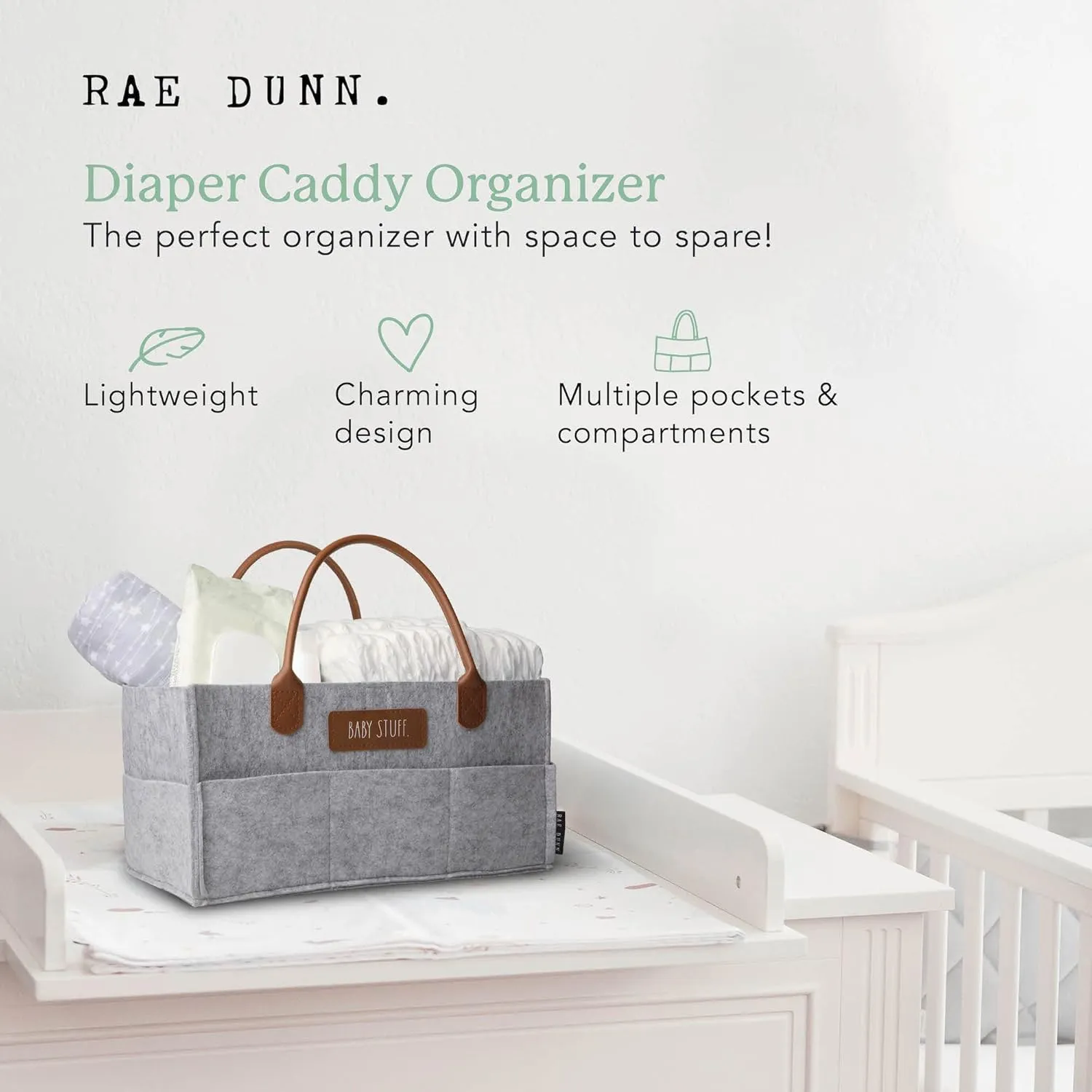 Rae Dunn Baby Diaper Caddy Organizer, Nursery Storage for Changing Table and Car, Portable Basket for Items, Shower Gifts, Grey Felt With Leather Handles, Small