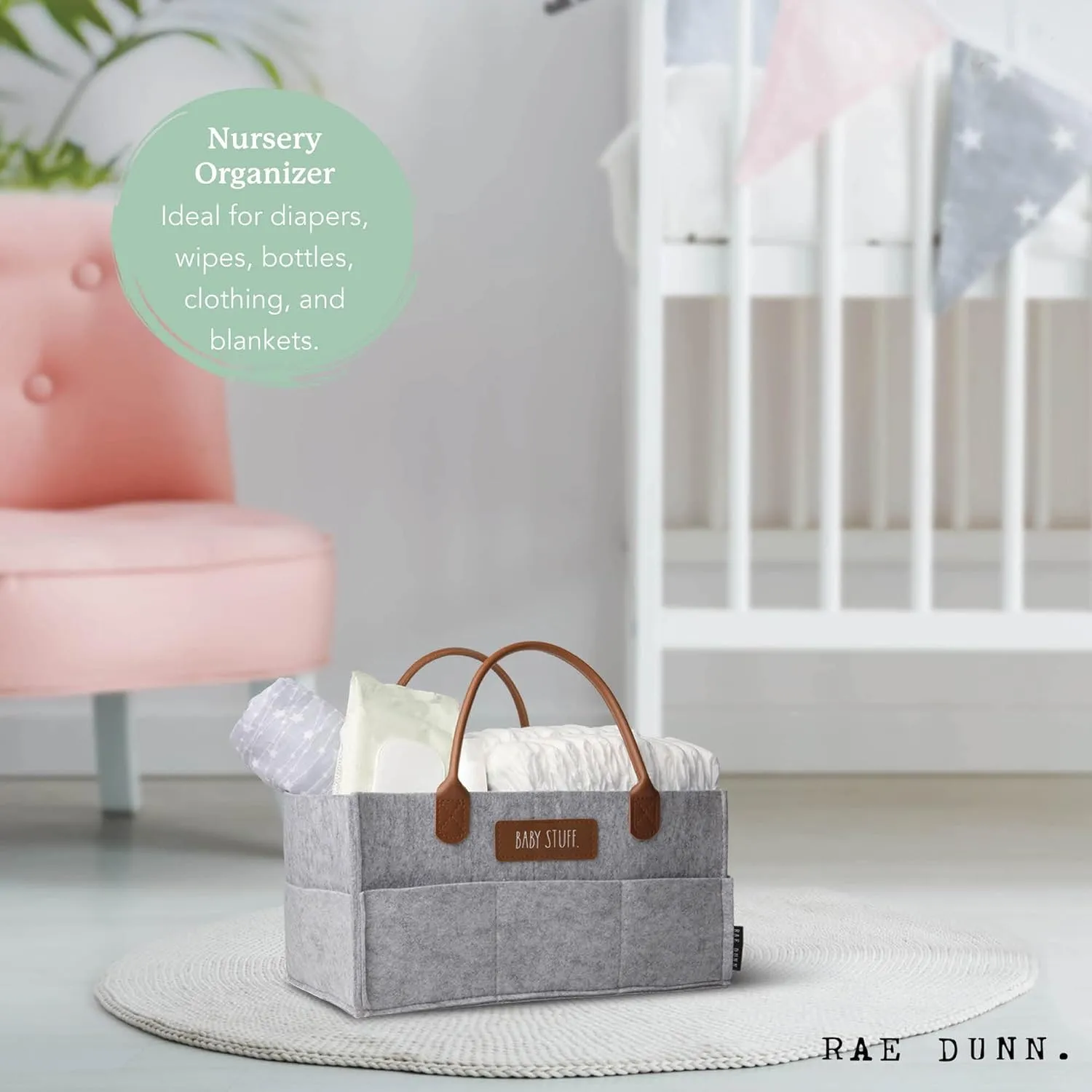 Rae Dunn Baby Diaper Caddy Organizer, Nursery Storage for Changing Table and Car, Portable Basket for Items, Shower Gifts, Grey Felt With Leather Handles, Small