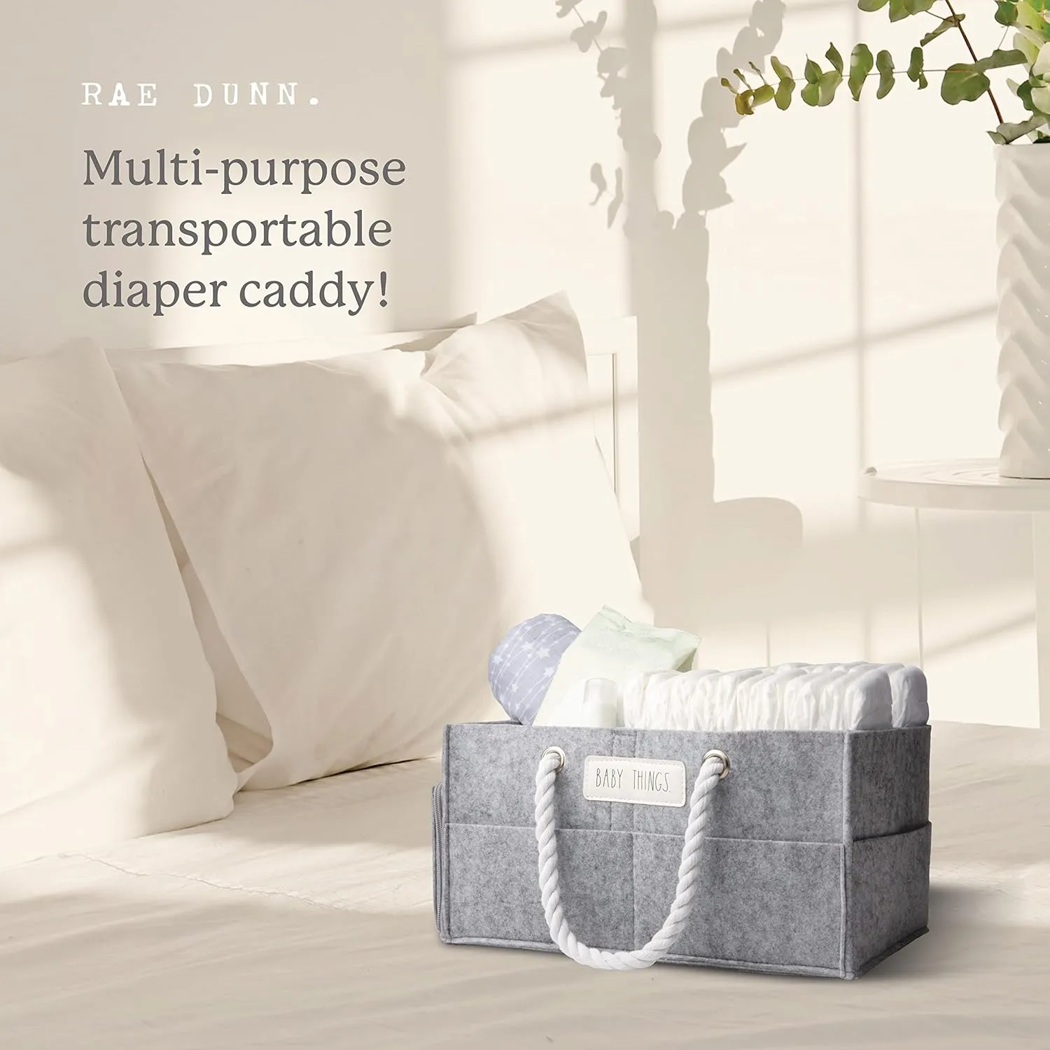 Rae Dunn Diaper Caddy Organizer, Things Storage for Nursery, Changing Table and Car, Portable Basket for Baby Items, Shower Gifts, Grey Felt With Rope Handles, Small