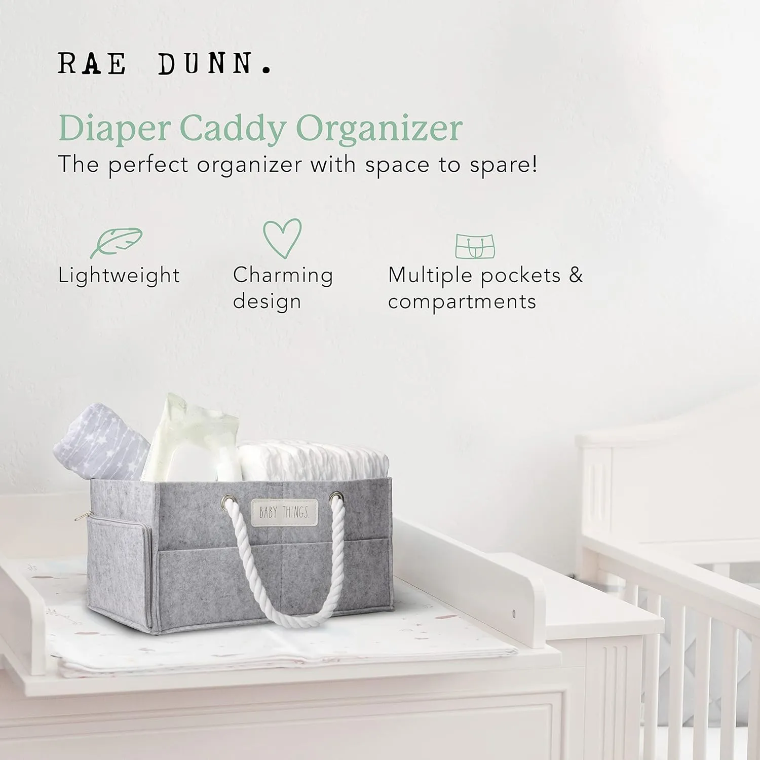 Rae Dunn Diaper Caddy Organizer, Things Storage for Nursery, Changing Table and Car, Portable Basket for Baby Items, Shower Gifts, Grey Felt With Rope Handles, Small