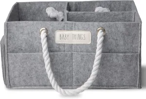 Rae Dunn Diaper Caddy Organizer, Things Storage for Nursery, Changing Table and Car, Portable Basket for Baby Items, Shower Gifts, Grey Felt With Rope Handles, Small