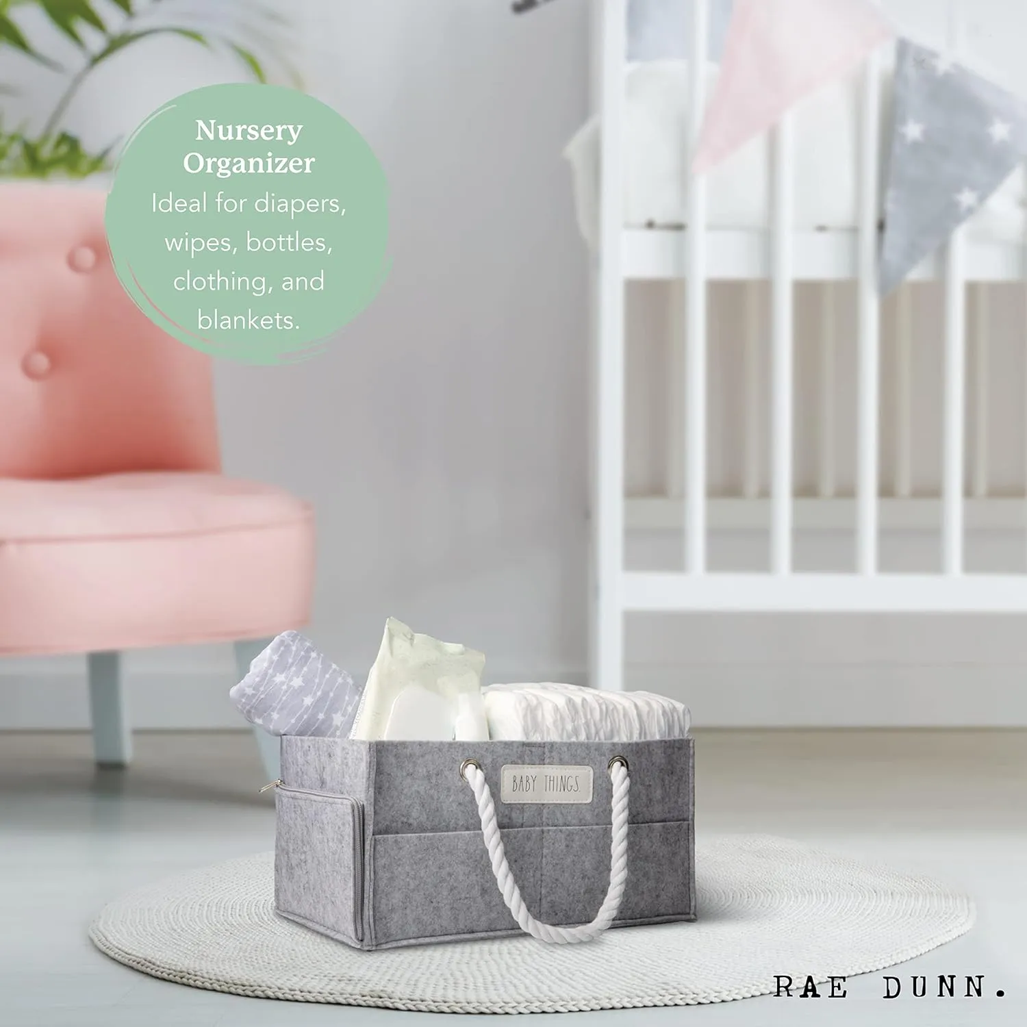 Rae Dunn Diaper Caddy Organizer, Things Storage for Nursery, Changing Table and Car, Portable Basket for Baby Items, Shower Gifts, Grey Felt With Rope Handles, Small