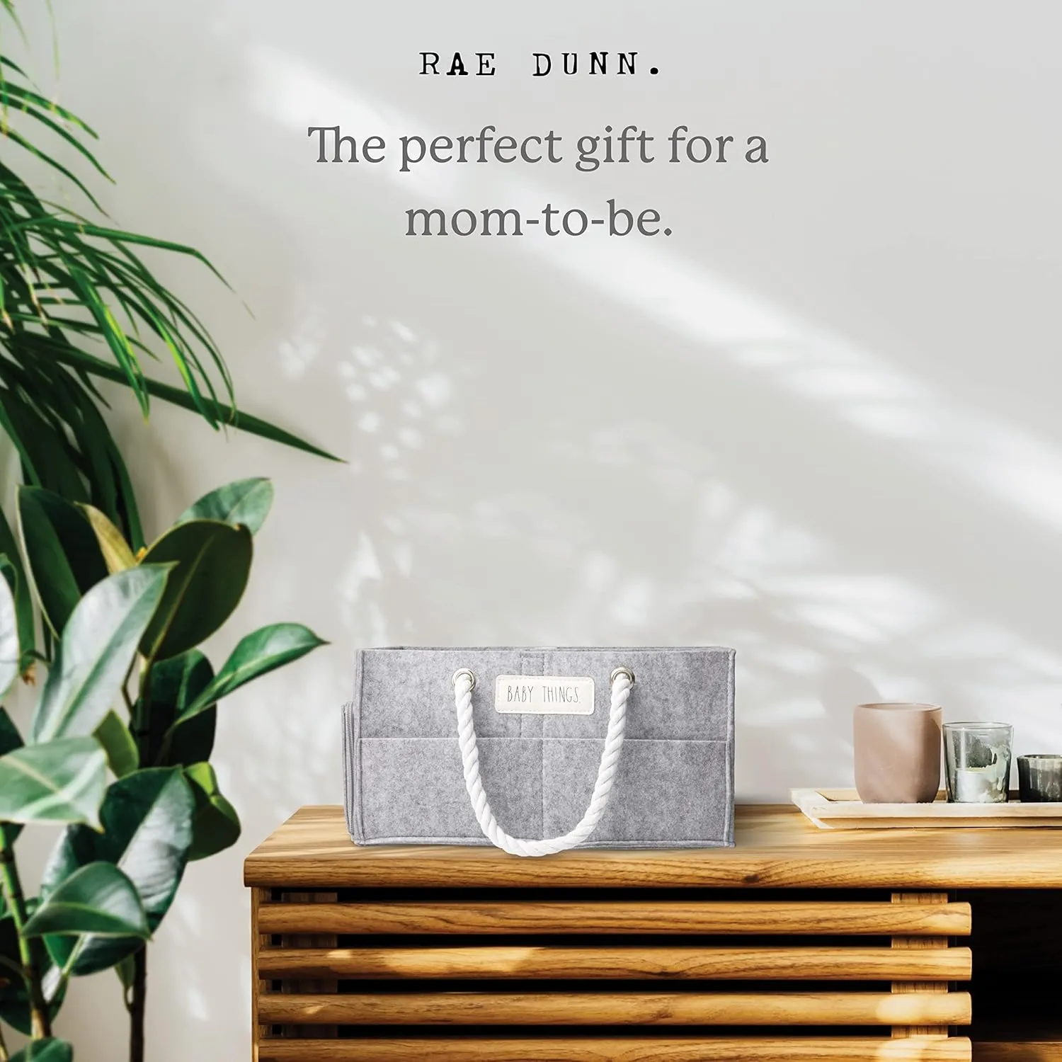Rae Dunn Diaper Caddy Organizer, Things Storage for Nursery, Changing Table and Car, Portable Basket for Baby Items, Shower Gifts, Grey Felt With Rope Handles, Small