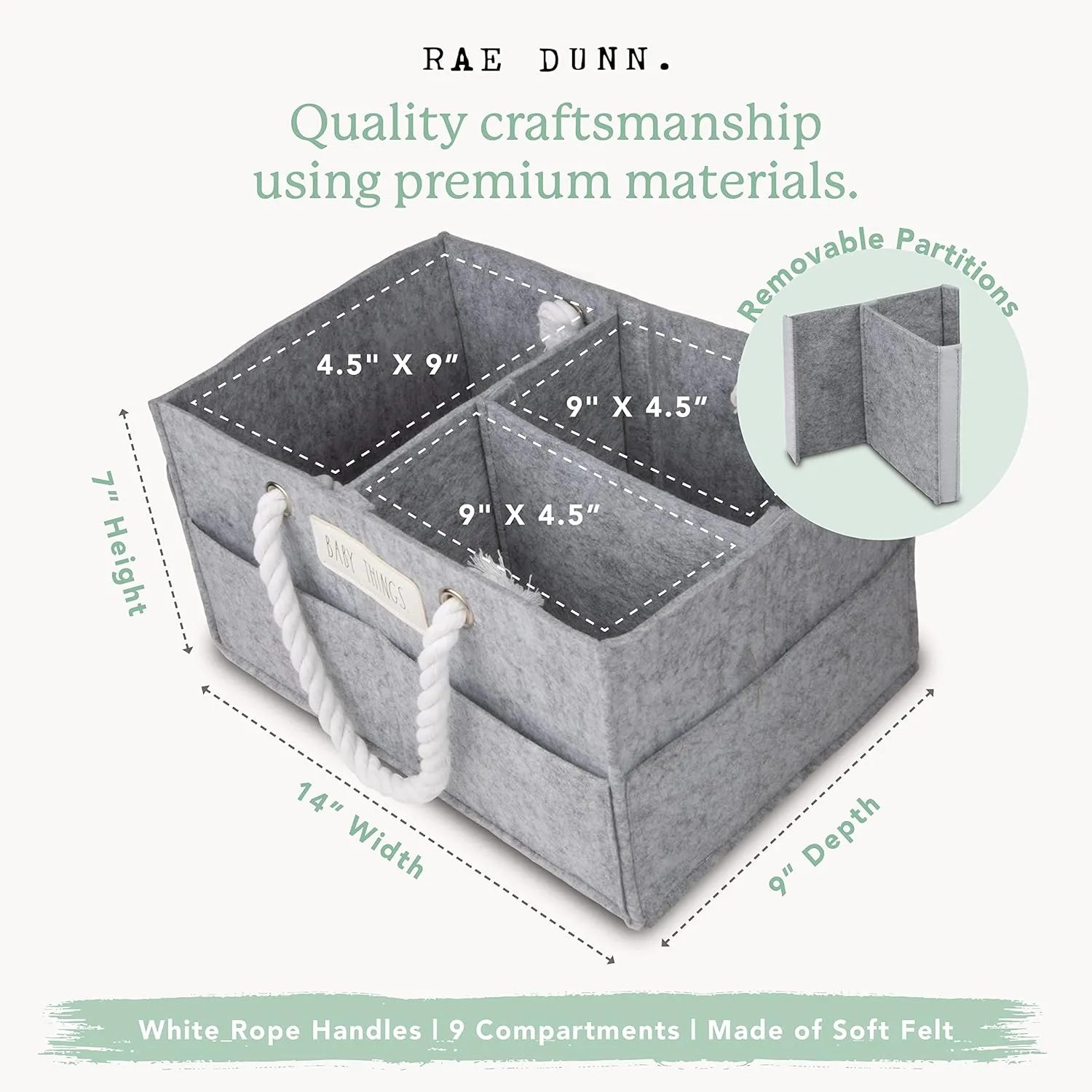 Rae Dunn Diaper Caddy Organizer, Things Storage for Nursery, Changing Table and Car, Portable Basket for Baby Items, Shower Gifts, Grey Felt With Rope Handles, Small