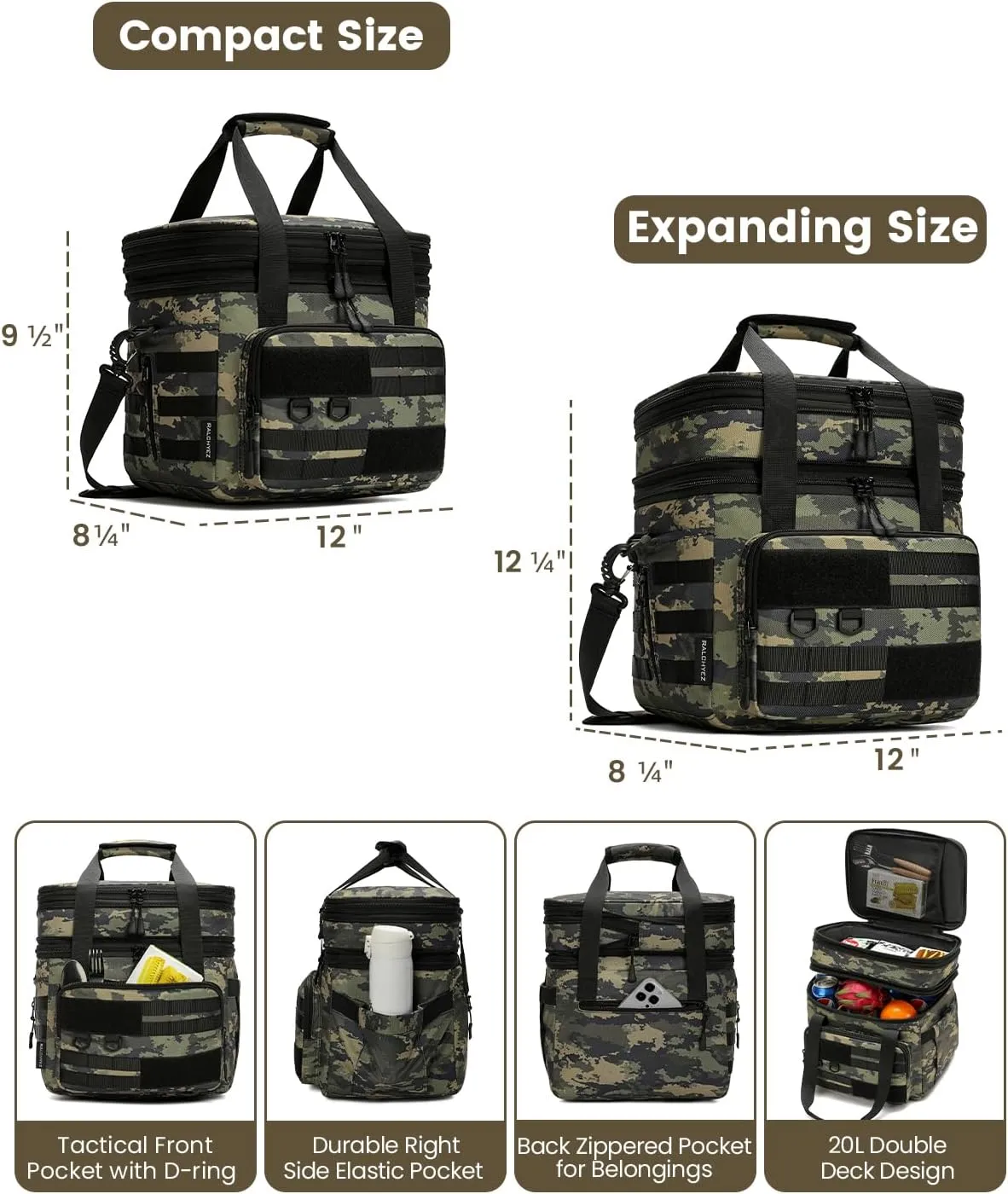 RalChyez Tactical Lunch Bag, 20L Large Heavy Duty Double Deck Insulated Lunch Box Leakproof Expandable Tote Cooler with Shoulder Strap for Adult Men Women Work Fishing Picnic Travel Ocp Camo