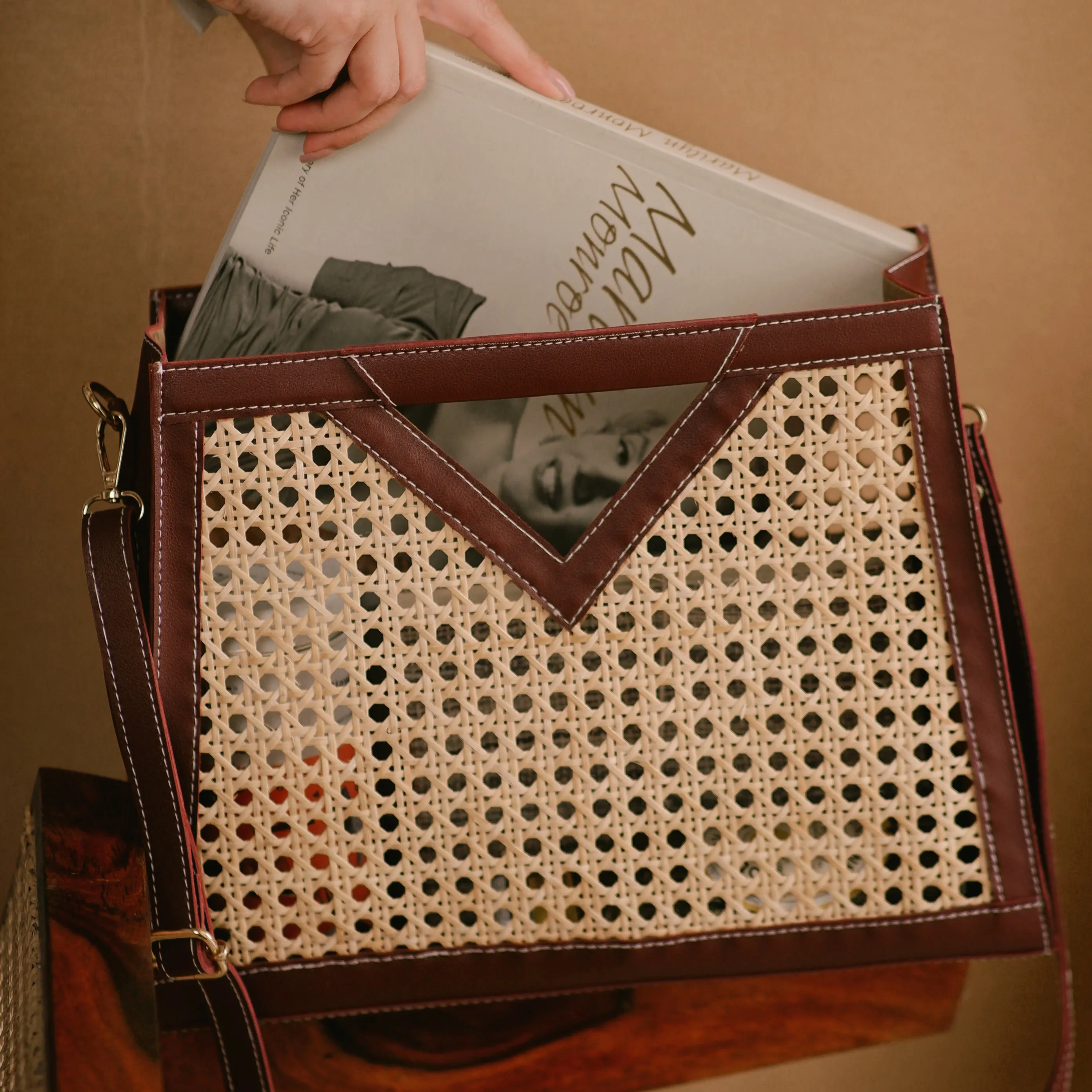 Rattan Weave Sling/ Tote - Vintage Merlot