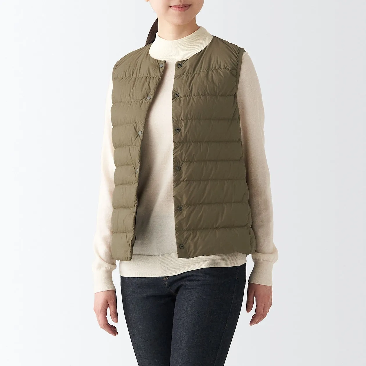 Recycled Nylon Lightweight Collarless Down Gilet XS Dark Beige