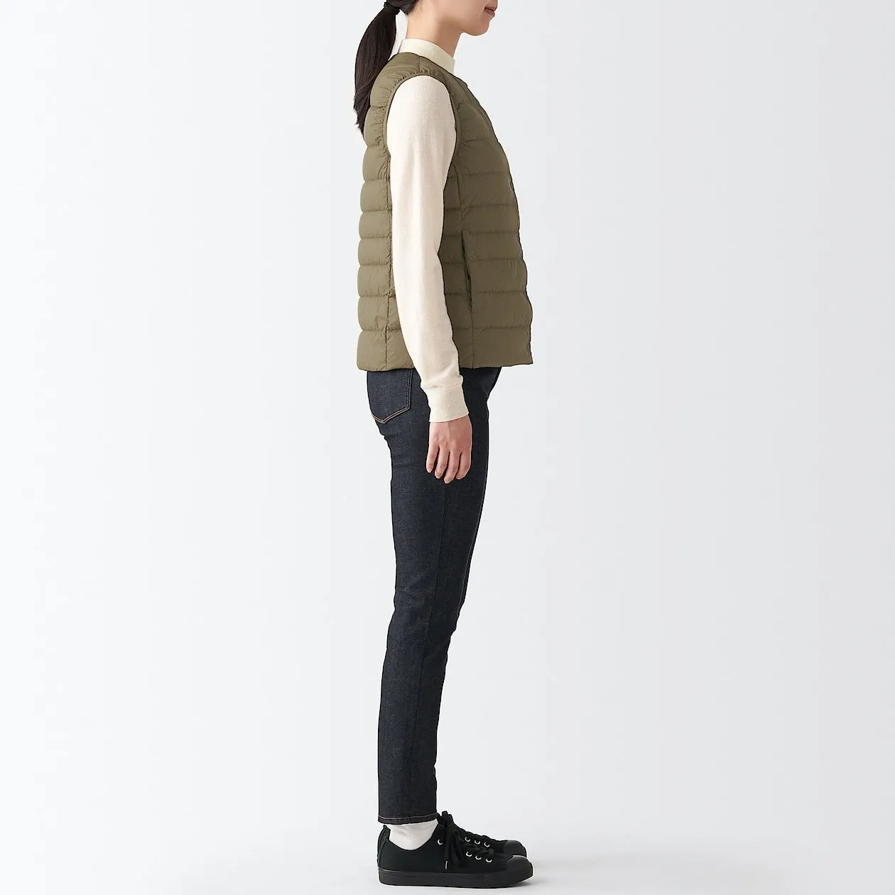 Recycled Nylon Lightweight Collarless Down Gilet XS Dark Beige