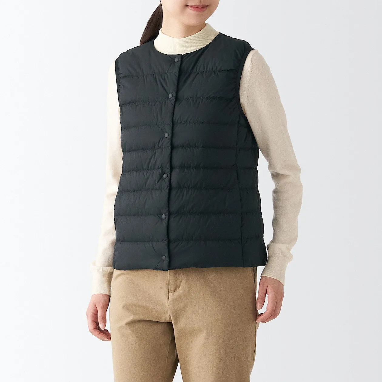 Recycled Nylon Lightweight Collarless Down Gilet XS Dark Beige