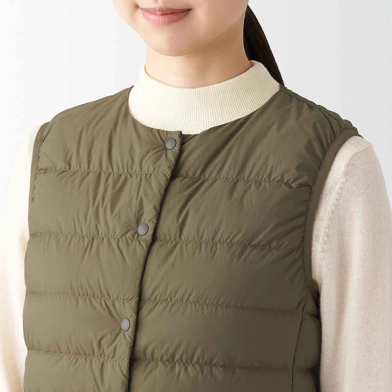 Recycled Nylon Lightweight Collarless Down Gilet XS Dark Beige