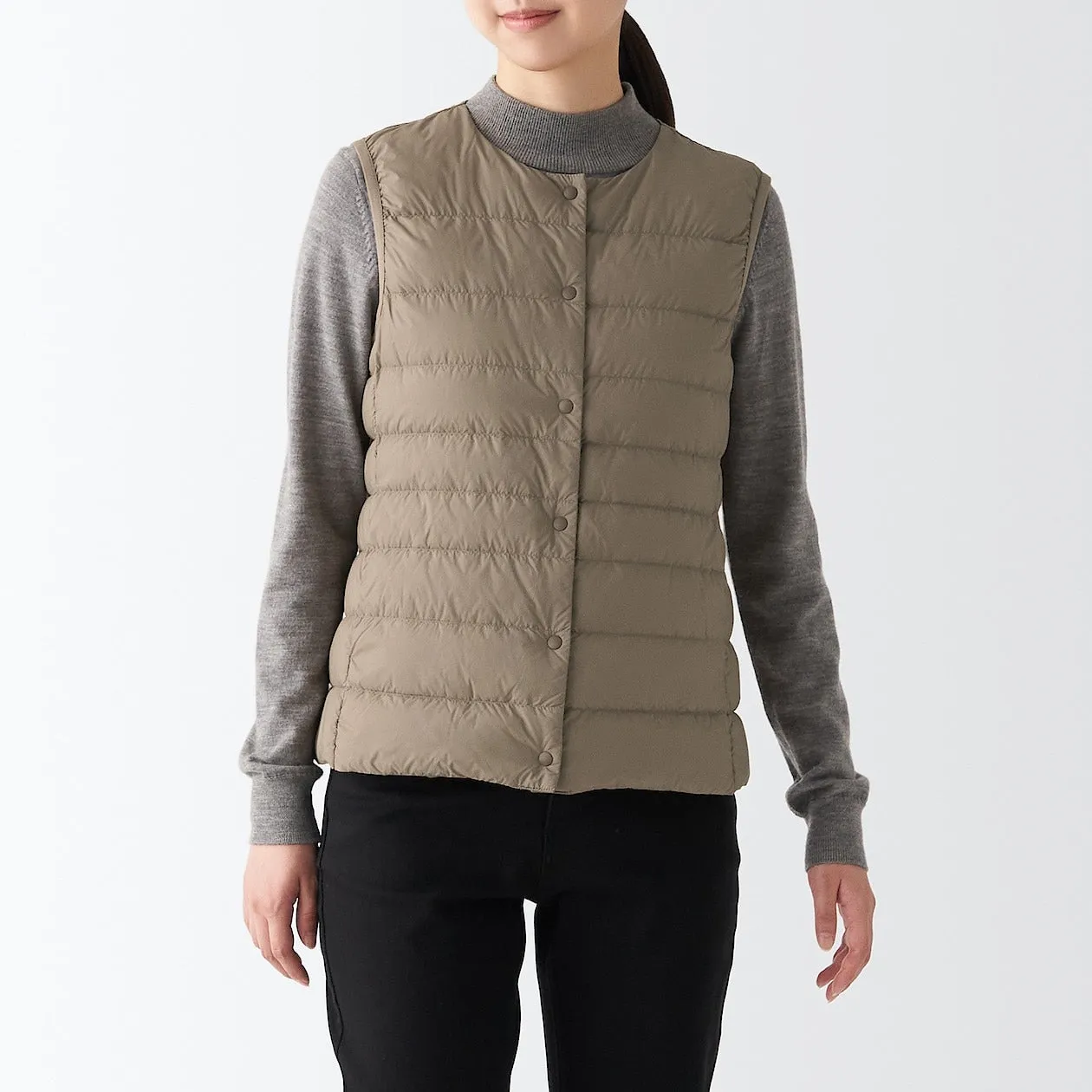 Recycled Nylon Lightweight Collarless Down Gilet XS Dark Beige
