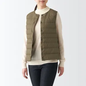 Recycled Nylon Lightweight Collarless Down Gilet XS Dark Beige