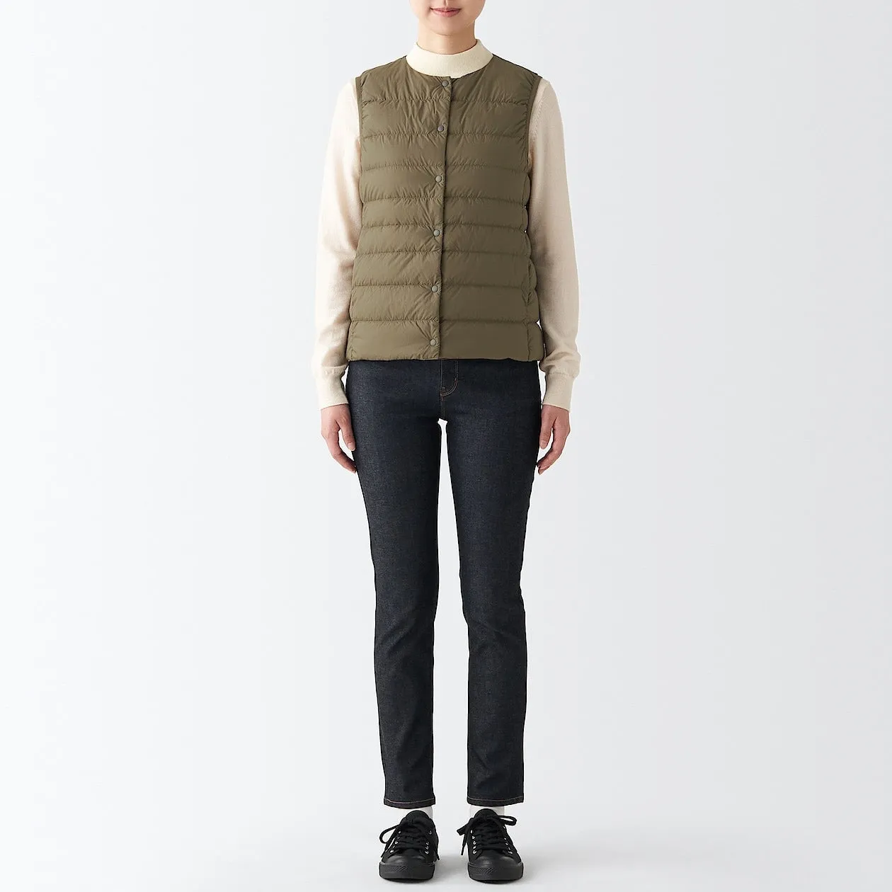 Recycled Nylon Lightweight Collarless Down Gilet XS Dark Beige