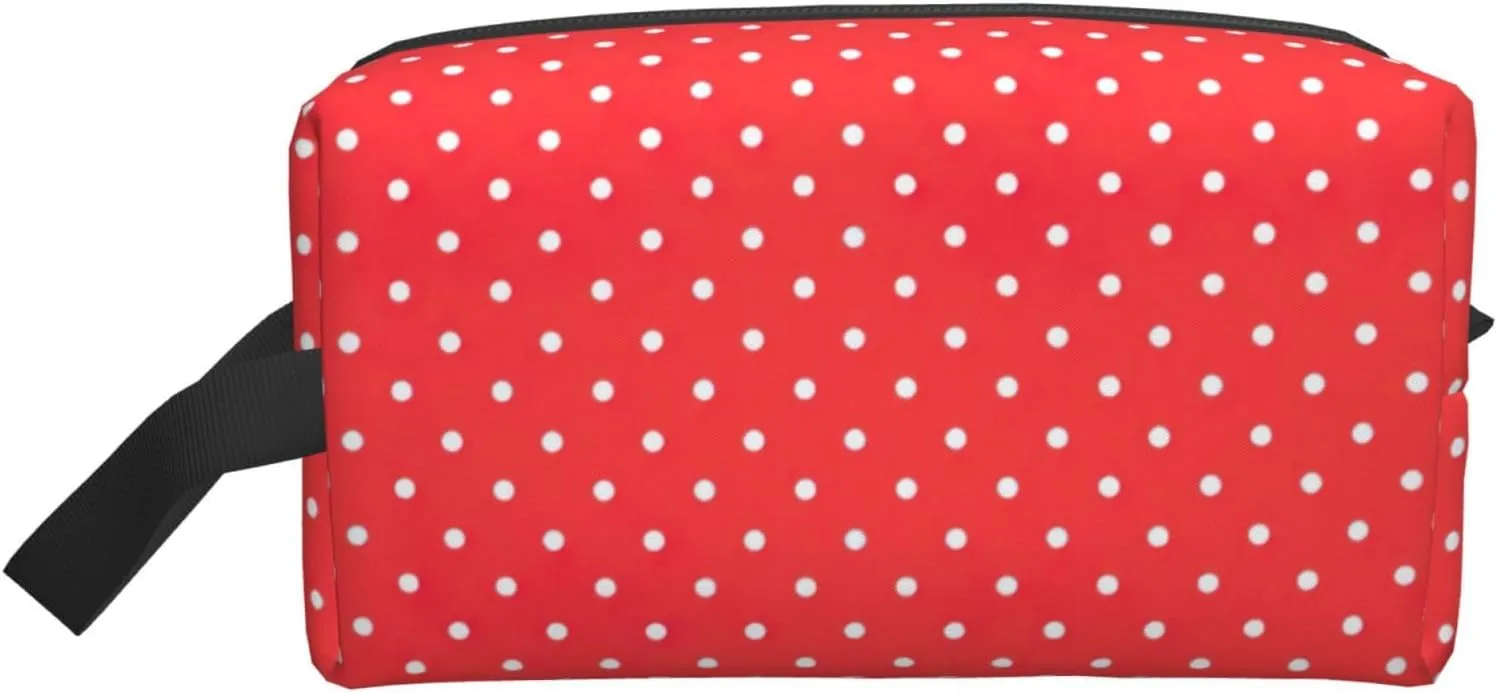 Red And White Polka Dots Print Toiletries Makeup and Daily Essentials Large Capacity Zippered Storage Travel Bag