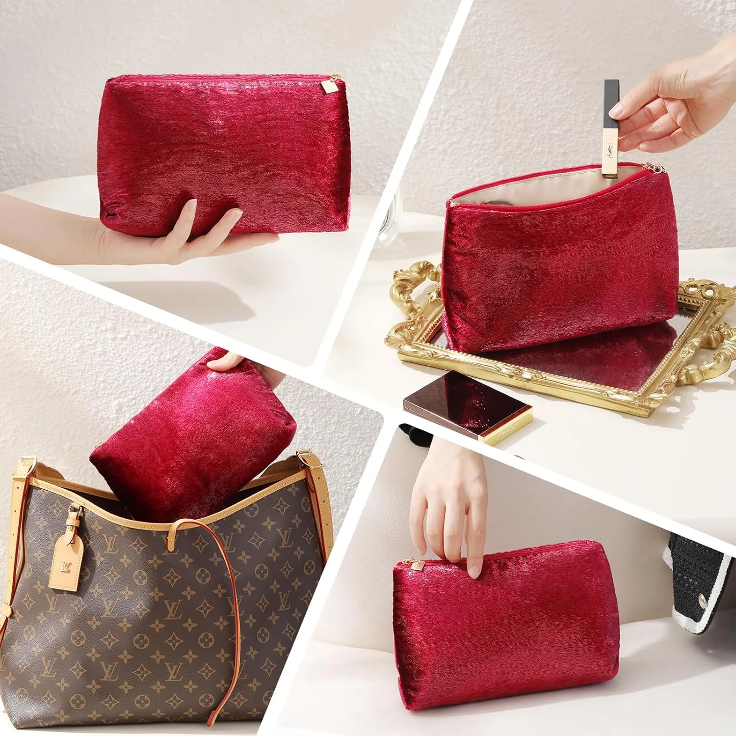 Red Makeup Organizer Bag for Purse，Cosmetic Travel Bag for Women, Make Up Pouch for Travelling