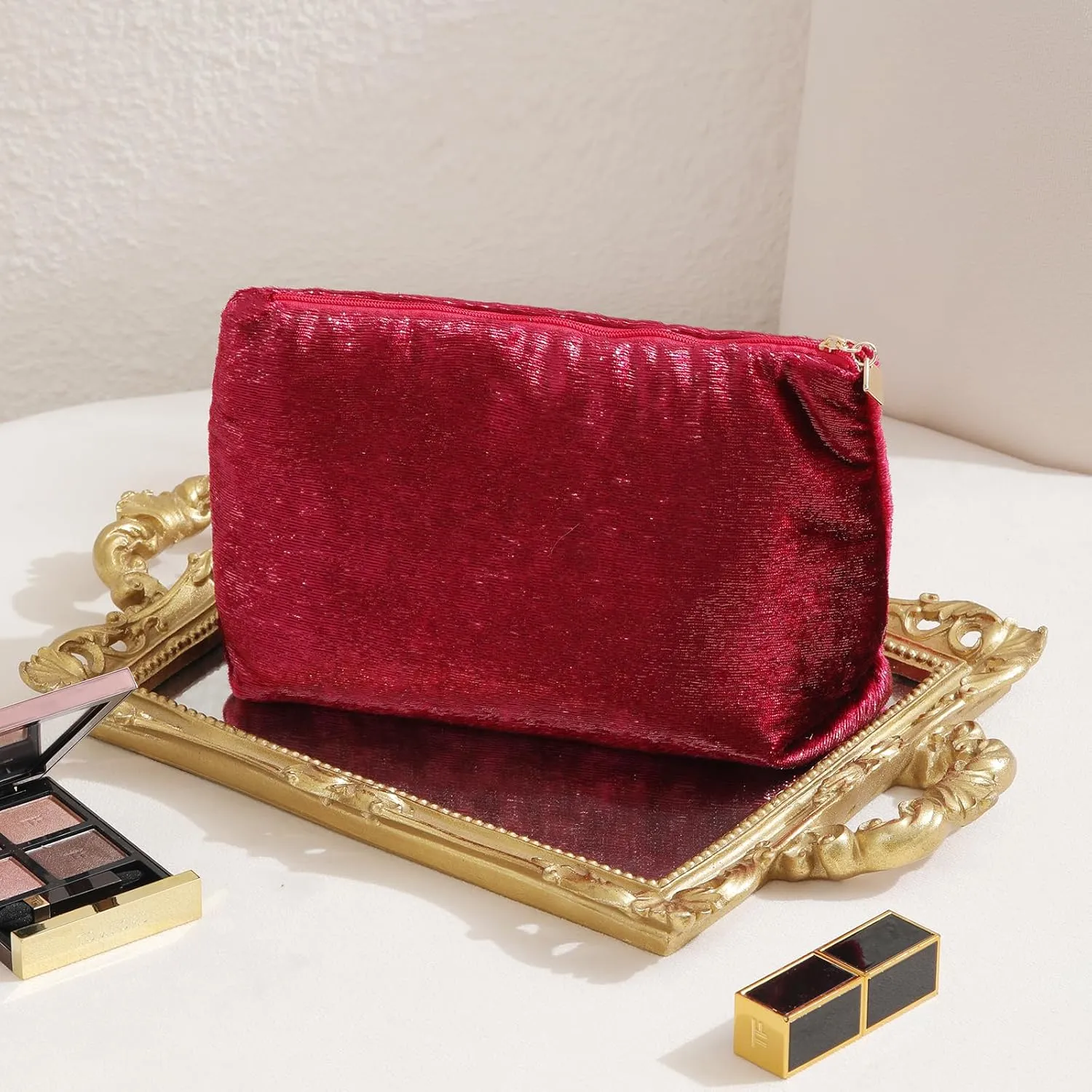 Red Makeup Organizer Bag for Purse，Cosmetic Travel Bag for Women, Make Up Pouch for Travelling