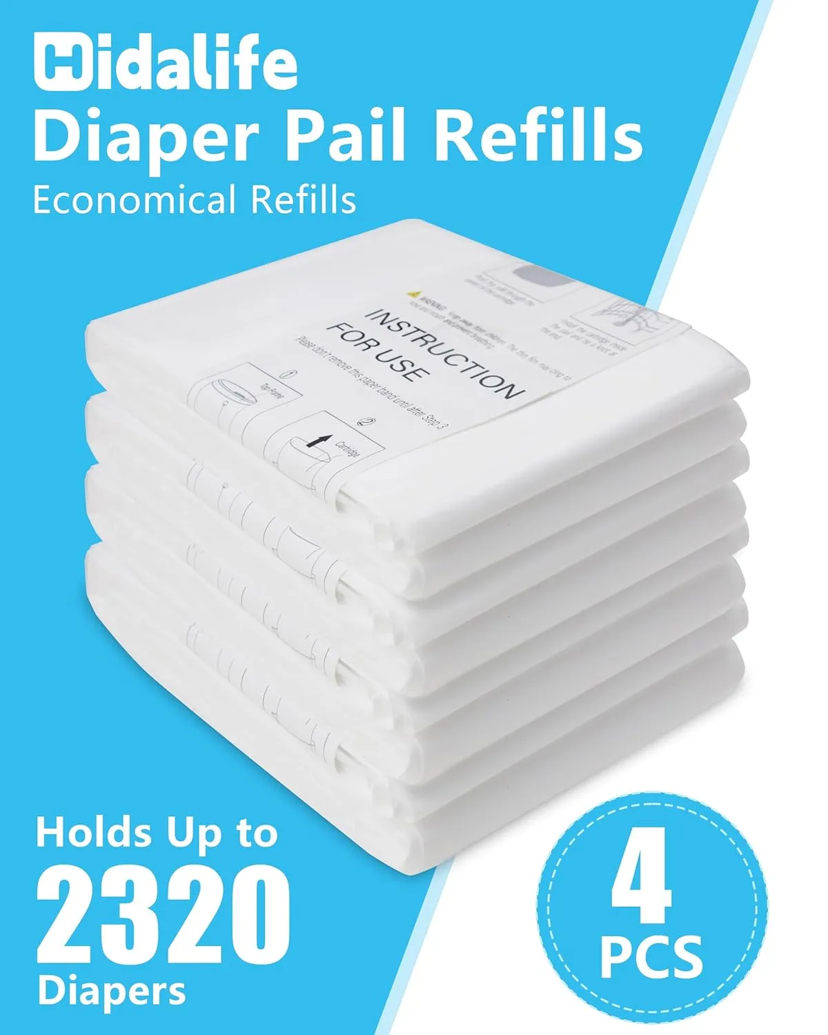 Refills Compatible with Dekor Plus Diaper Pails, Disposable Diaper Trash Bags, Extra Thick Diaper Pail Refill Liners, Hold Up to 2320 Diapers (4 Pack)