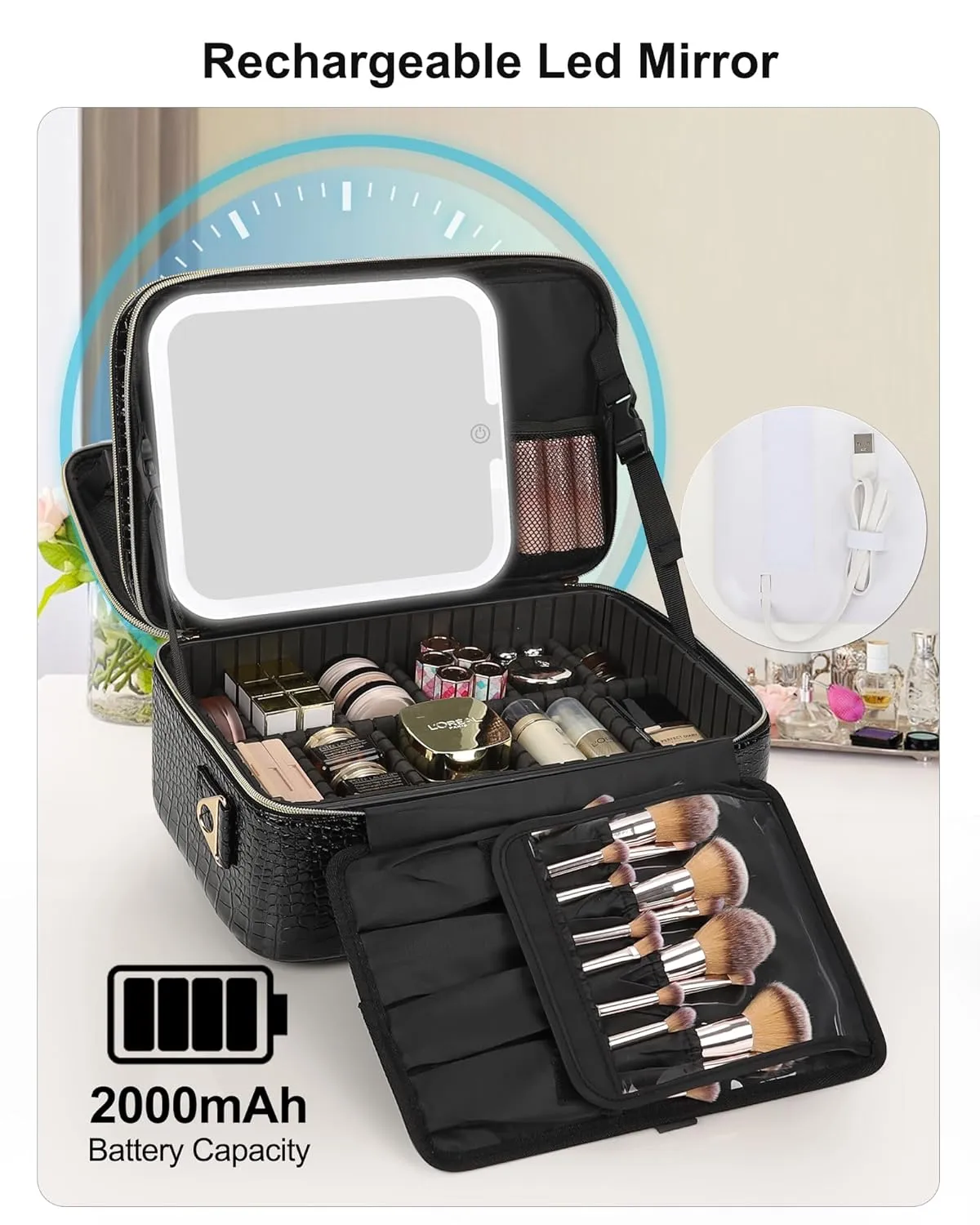 Relavel Makeup Bag With LED Mirror, 2-Layers Travel Cosmetic Bag with Removable Partitions, Large Capacity Makeup Train Case Organizer Box for Women with Lighted Mirror, Crocodile