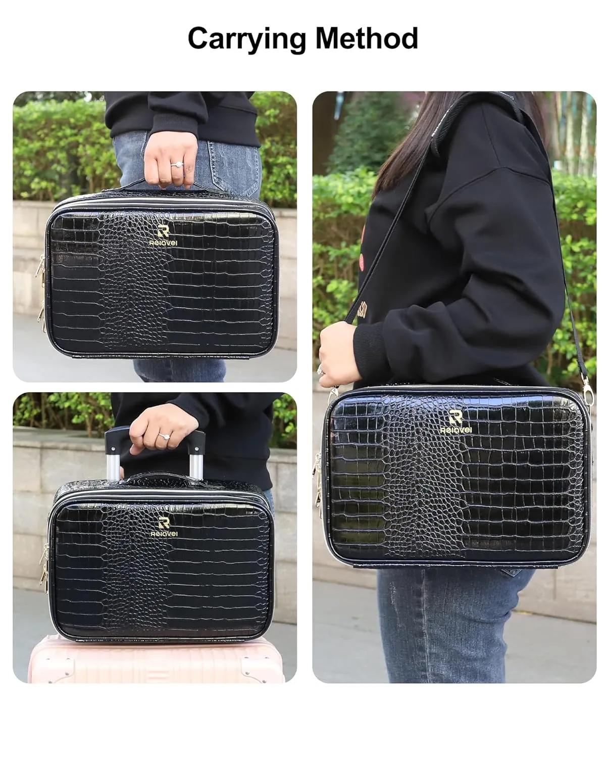 Relavel Makeup Bag With LED Mirror, 2-Layers Travel Cosmetic Bag with Removable Partitions, Large Capacity Makeup Train Case Organizer Box for Women with Lighted Mirror, Crocodile