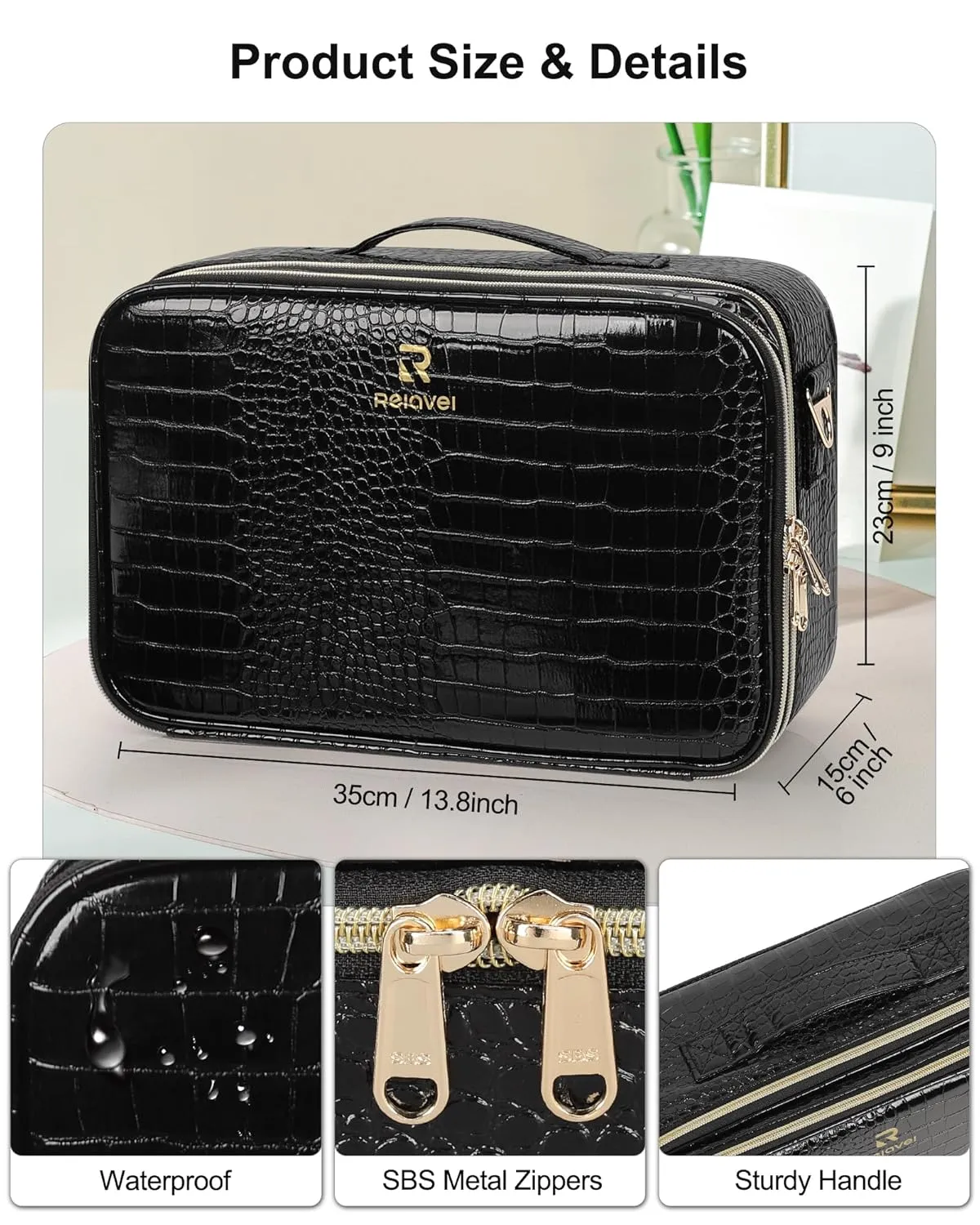 Relavel Makeup Bag With LED Mirror, 2-Layers Travel Cosmetic Bag with Removable Partitions, Large Capacity Makeup Train Case Organizer Box for Women with Lighted Mirror, Crocodile