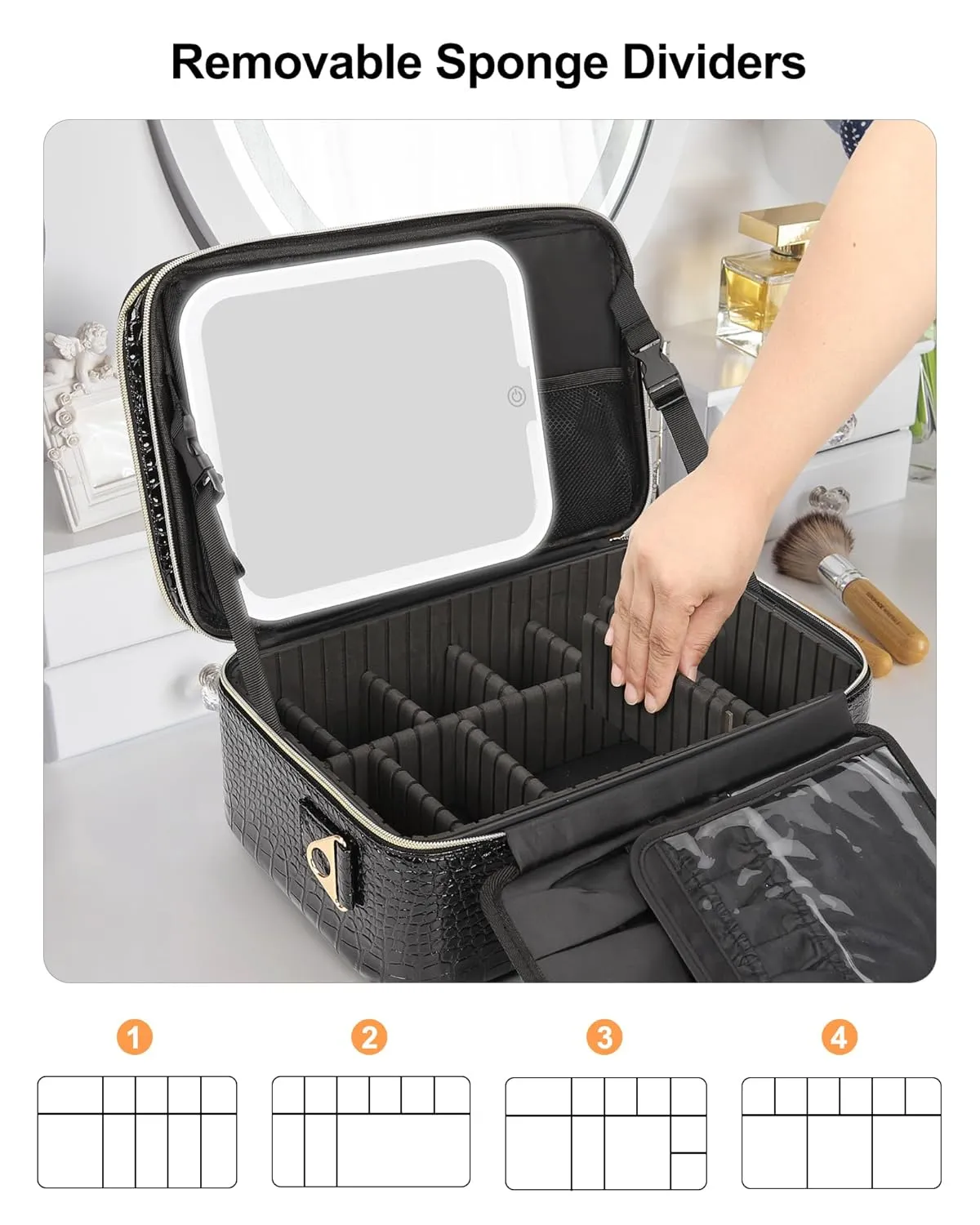 Relavel Makeup Bag With LED Mirror, 2-Layers Travel Cosmetic Bag with Removable Partitions, Large Capacity Makeup Train Case Organizer Box for Women with Lighted Mirror, Crocodile