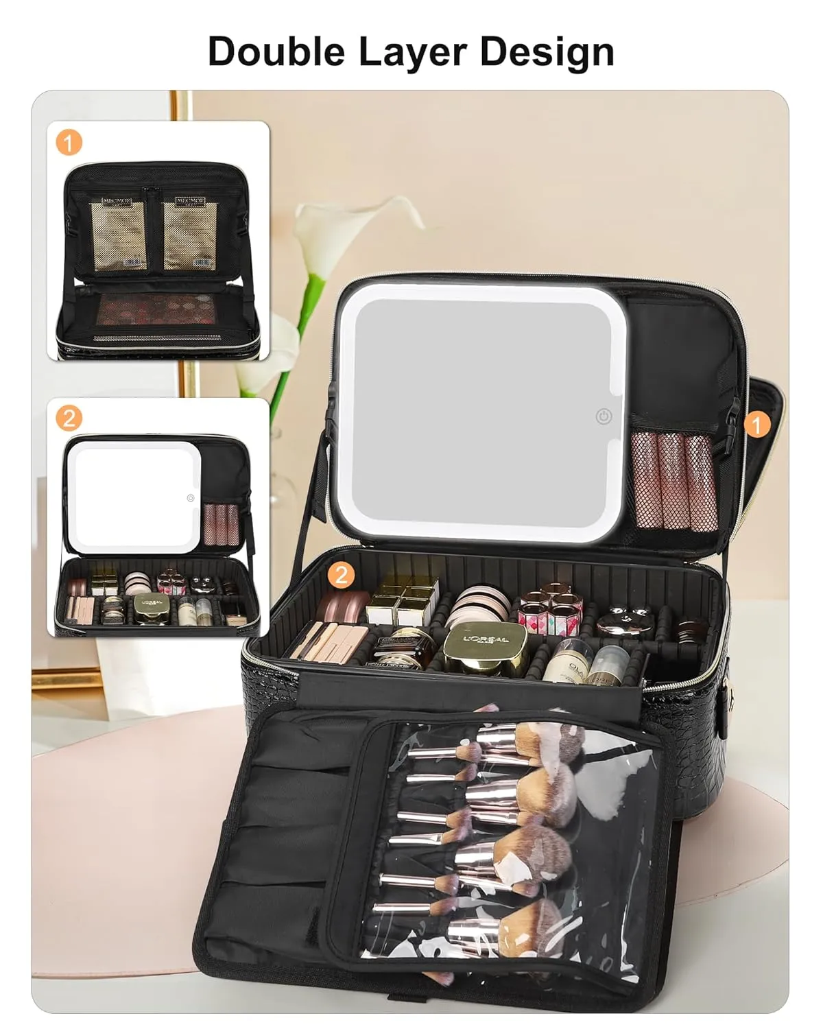 Relavel Makeup Bag With LED Mirror, 2-Layers Travel Cosmetic Bag with Removable Partitions, Large Capacity Makeup Train Case Organizer Box for Women with Lighted Mirror, Crocodile