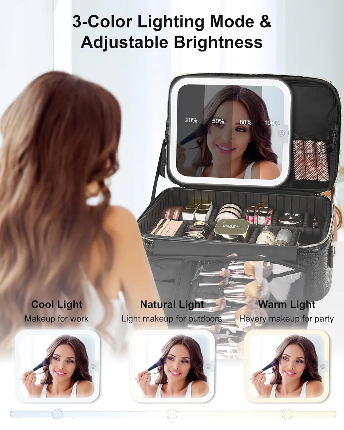 Relavel Makeup Bag With LED Mirror, 2-Layers Travel Cosmetic Bag with Removable Partitions, Large Capacity Makeup Train Case Organizer Box for Women with Lighted Mirror, Crocodile