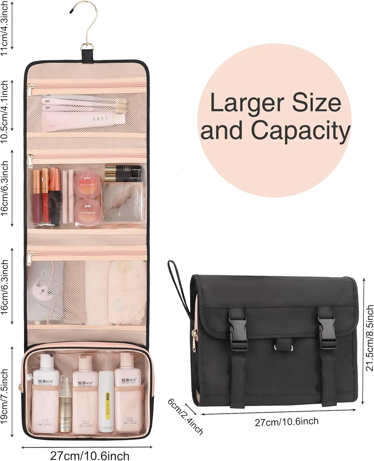 Relavel Travel Hanging Toiletry Bag, Waterproof Hanging Toiletry Bag Set for Women, Compact Cosmetic Bag Organizer with Hanging Hook, Makeup Organizer for Bathroom Shower (Black with Rose Gold)