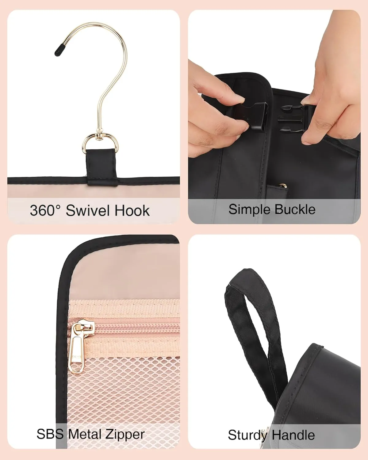 Relavel Travel Hanging Toiletry Bag, Waterproof Hanging Toiletry Bag Set for Women, Compact Cosmetic Bag Organizer with Hanging Hook, Makeup Organizer for Bathroom Shower (Black with Rose Gold)
