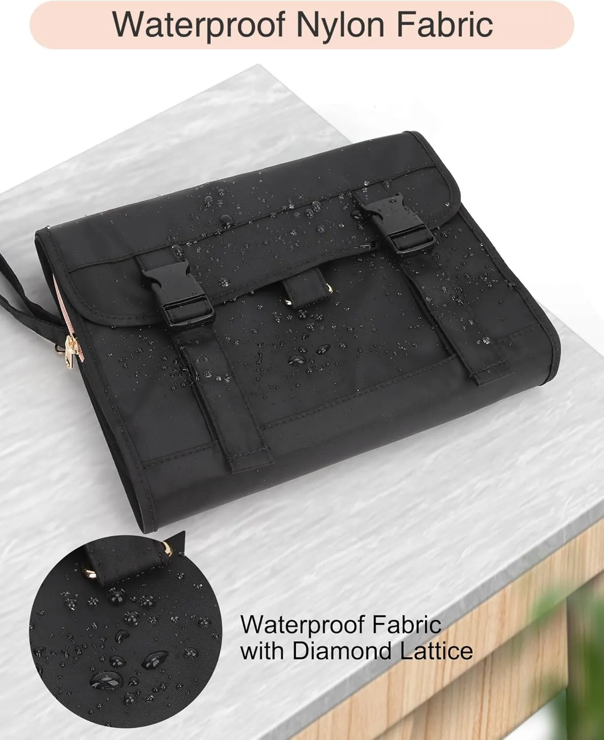 Relavel Travel Hanging Toiletry Bag, Waterproof Hanging Toiletry Bag Set for Women, Compact Cosmetic Bag Organizer with Hanging Hook, Makeup Organizer for Bathroom Shower (Black with Rose Gold)