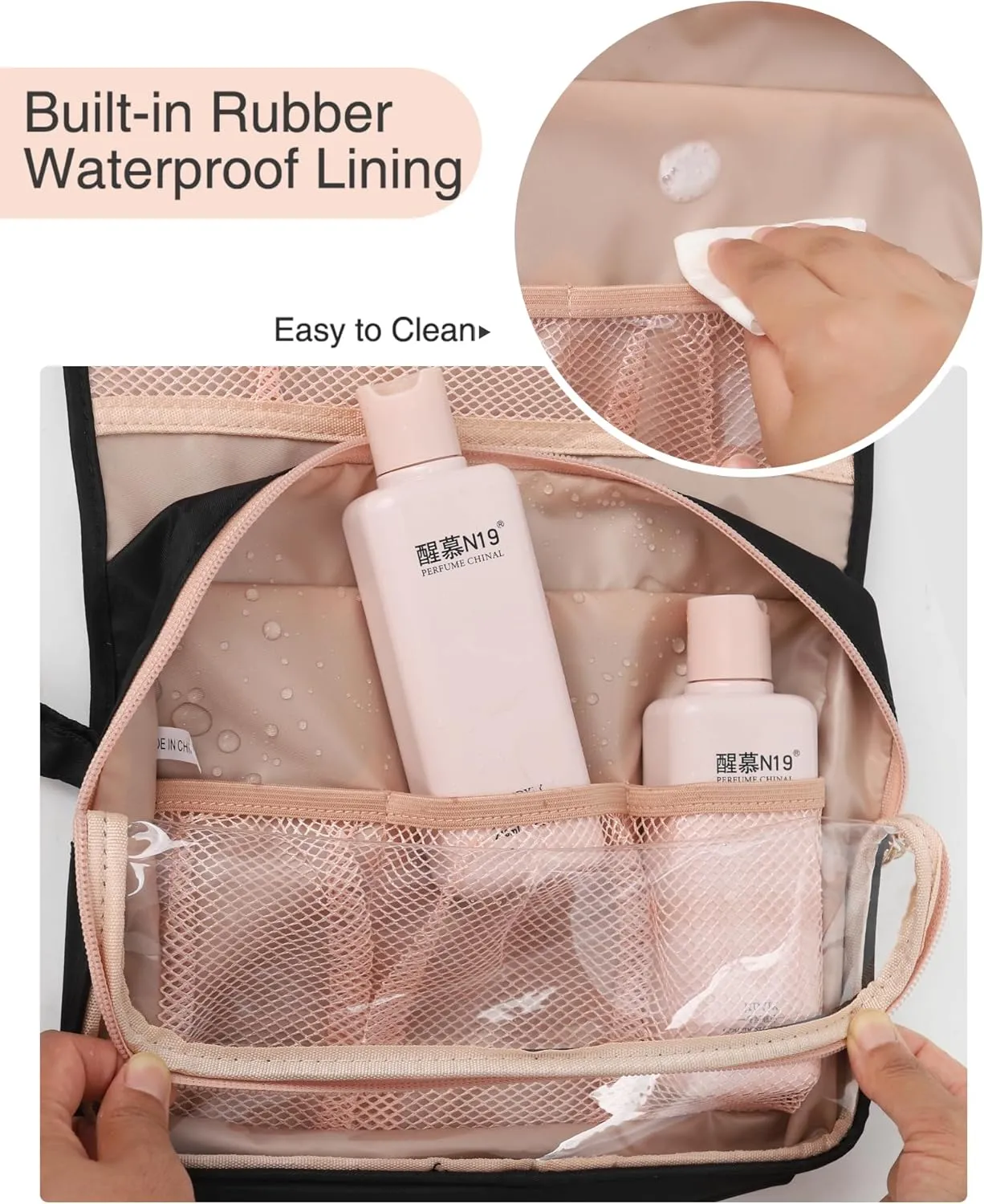 Relavel Travel Hanging Toiletry Bag, Waterproof Hanging Toiletry Bag Set for Women, Compact Cosmetic Bag Organizer with Hanging Hook, Makeup Organizer for Bathroom Shower (Black with Rose Gold)