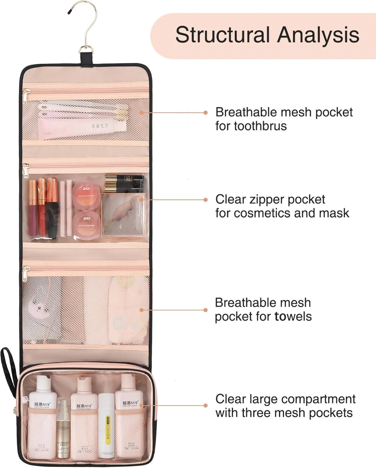 Relavel Travel Hanging Toiletry Bag, Waterproof Hanging Toiletry Bag Set for Women, Compact Cosmetic Bag Organizer with Hanging Hook, Makeup Organizer for Bathroom Shower (Black with Rose Gold)