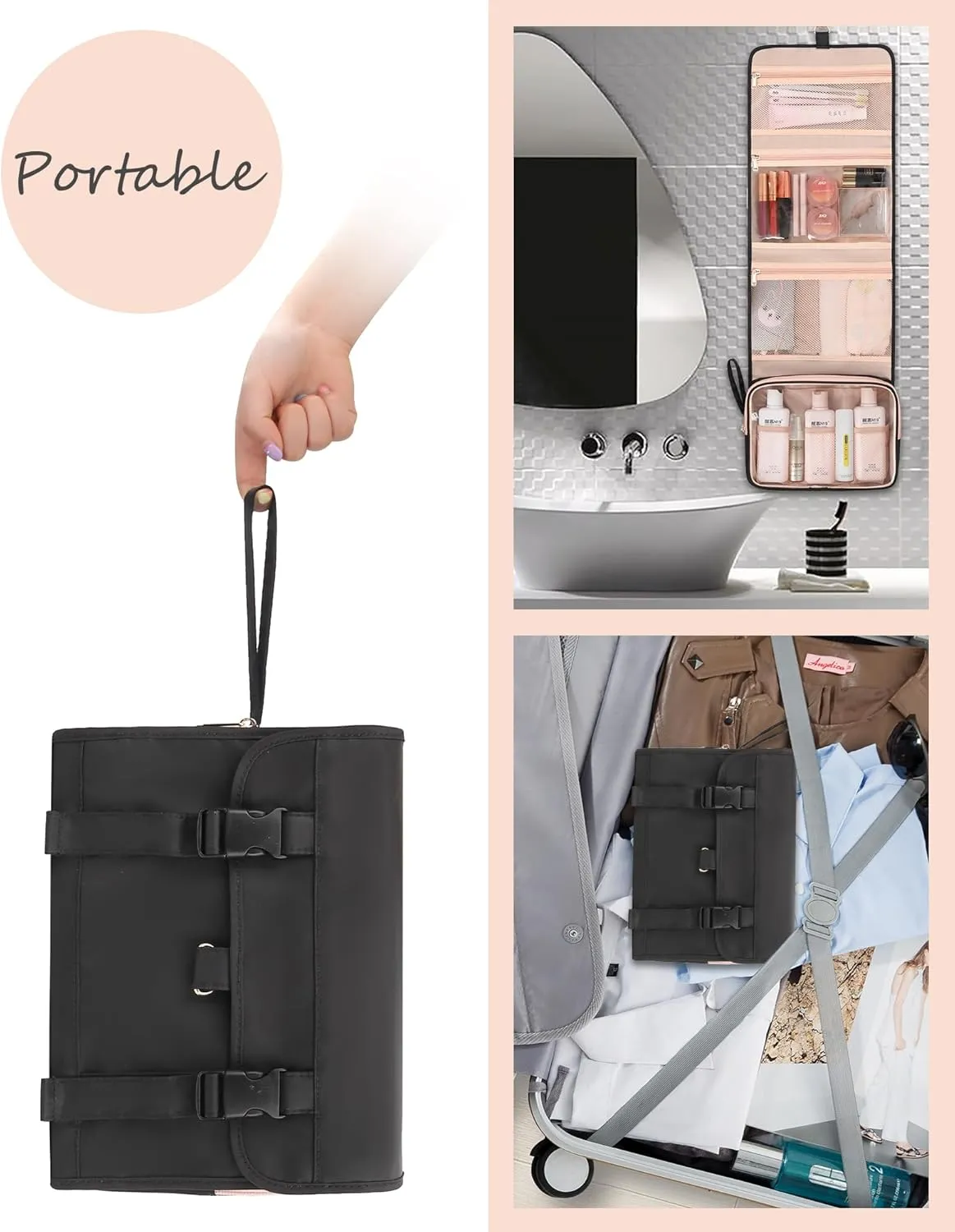 Relavel Travel Hanging Toiletry Bag, Waterproof Hanging Toiletry Bag Set for Women, Compact Cosmetic Bag Organizer with Hanging Hook, Makeup Organizer for Bathroom Shower (Black with Rose Gold)