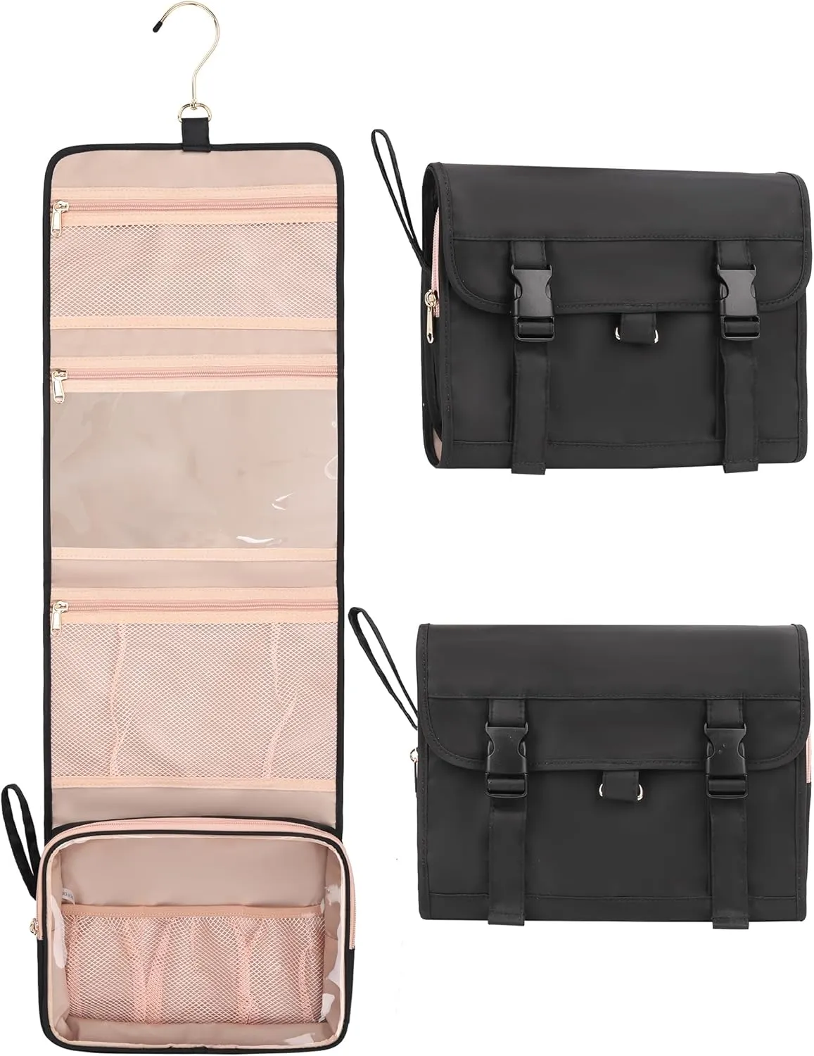 Relavel Travel Hanging Toiletry Bag, Waterproof Hanging Toiletry Bag Set for Women, Compact Cosmetic Bag Organizer with Hanging Hook, Makeup Organizer for Bathroom Shower (Black with Rose Gold)