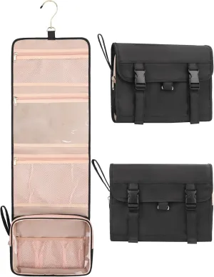 Relavel Travel Hanging Toiletry Bag, Waterproof Hanging Toiletry Bag Set for Women, Compact Cosmetic Bag Organizer with Hanging Hook, Makeup Organizer for Bathroom Shower (Black with Rose Gold)