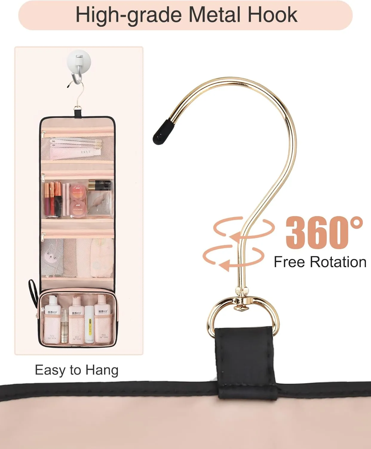 Relavel Travel Hanging Toiletry Bag, Waterproof Hanging Toiletry Bag Set for Women, Compact Cosmetic Bag Organizer with Hanging Hook, Makeup Organizer for Bathroom Shower (Black with Rose Gold)