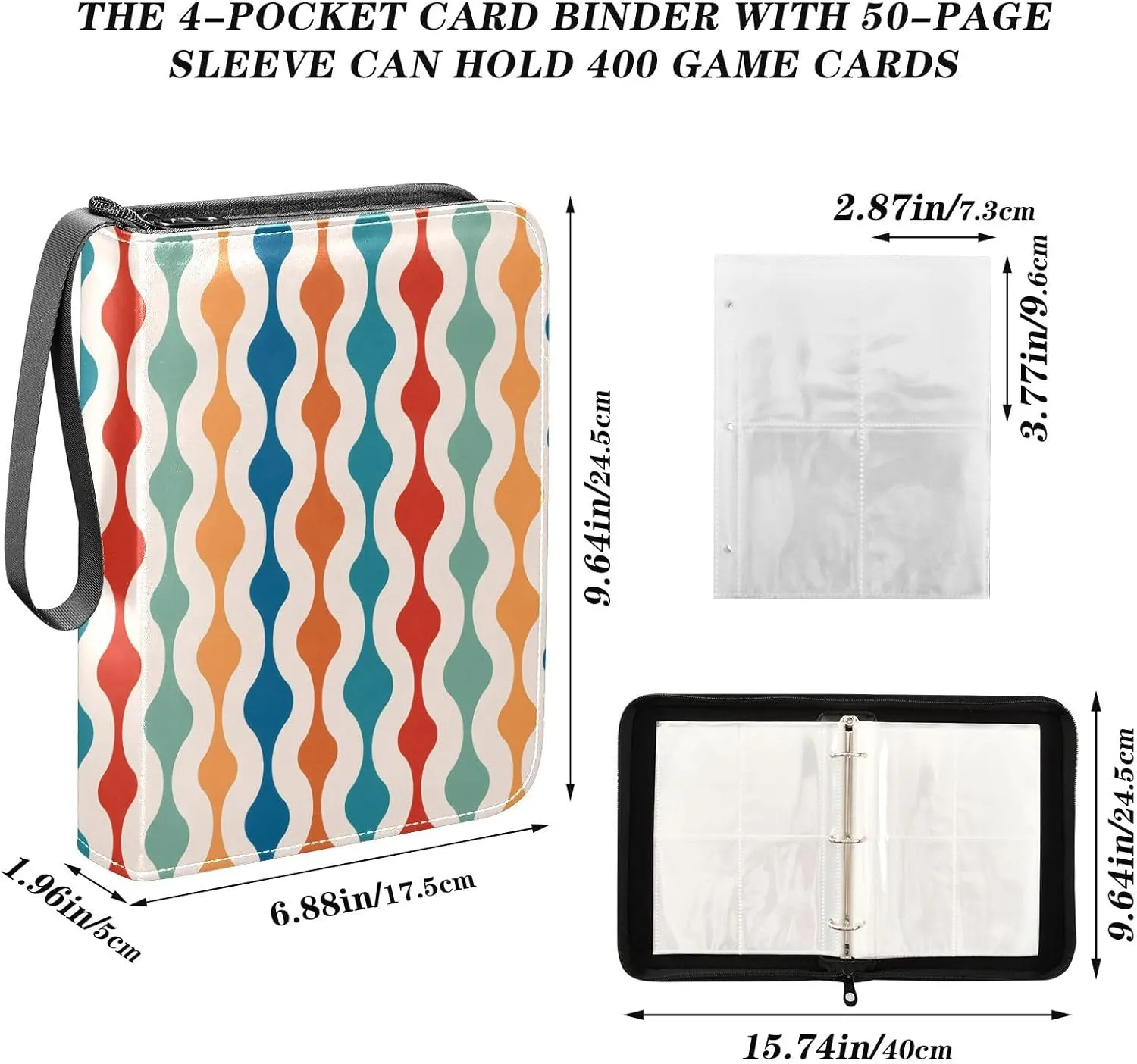 Retro Minimal Colorful Nostalgic Collectible Card Binder 4-Pocket Collector Card Holder Fits 400 Cards for Baseball Card, Football Card