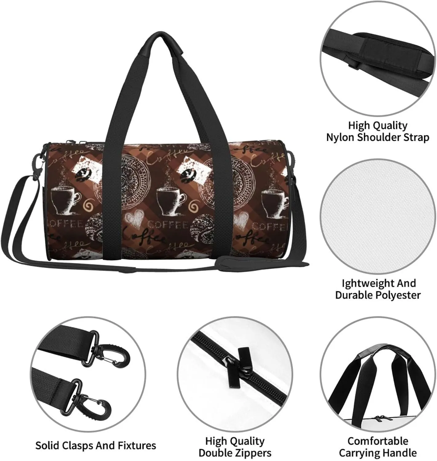 Retro Vintage Coffee Time Coffee Cup Polygonal Round Travel Duffel Bag Large Capacity Gym Sports Bags for Hiking Vacation Trips