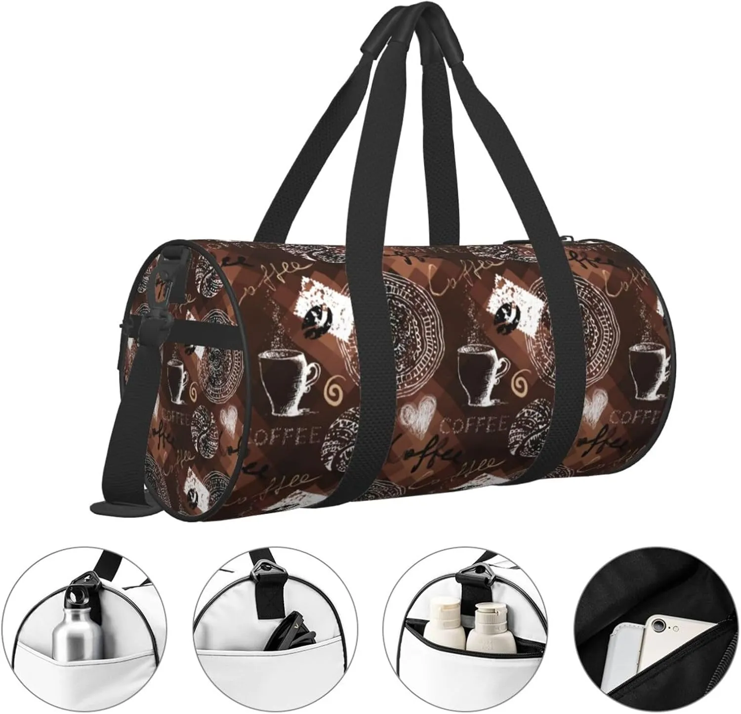 Retro Vintage Coffee Time Coffee Cup Polygonal Round Travel Duffel Bag Large Capacity Gym Sports Bags for Hiking Vacation Trips