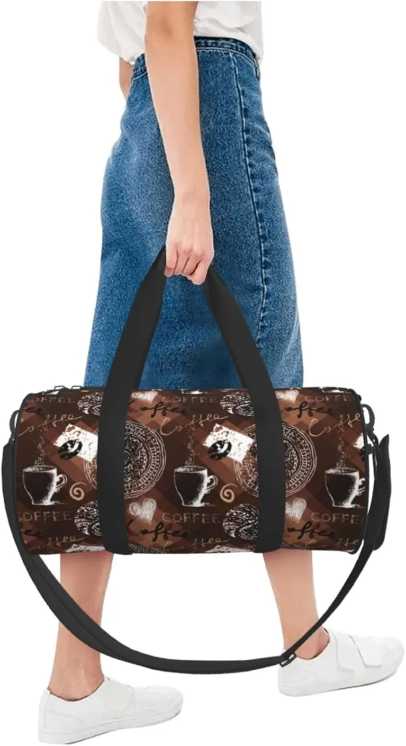 Retro Vintage Coffee Time Coffee Cup Polygonal Round Travel Duffel Bag Large Capacity Gym Sports Bags for Hiking Vacation Trips