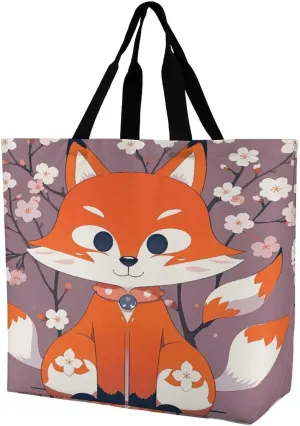 Reusable Grocery Shopping Cloth Bags Fox Cherry Blossom Print Shoulder Tote Bag Fashionable Tote Handbag for Work Beach Travel Shopping