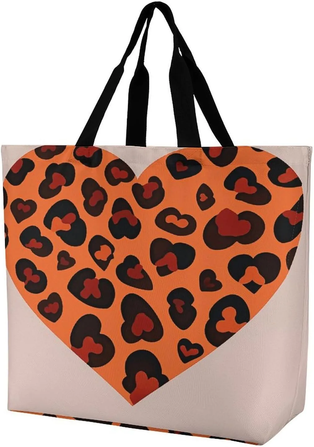 Reusable Grocery Shopping Cloth Bags Heart Leopard Print Shoulder Tote Bag Fashionable Tote Handbag for Work Beach Travel Shopping