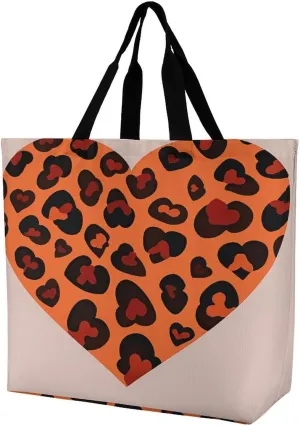 Reusable Grocery Shopping Cloth Bags Heart Leopard Print Shoulder Tote Bag Fashionable Tote Handbag for Work Beach Travel Shopping