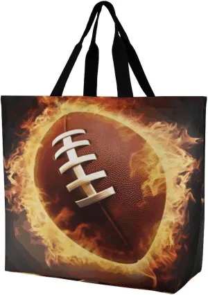 Reusable Large Capacity Shopping Bags Exquisite Flaming American Football Printed Tote Bags Lightweight Shoulder Shopping Bags