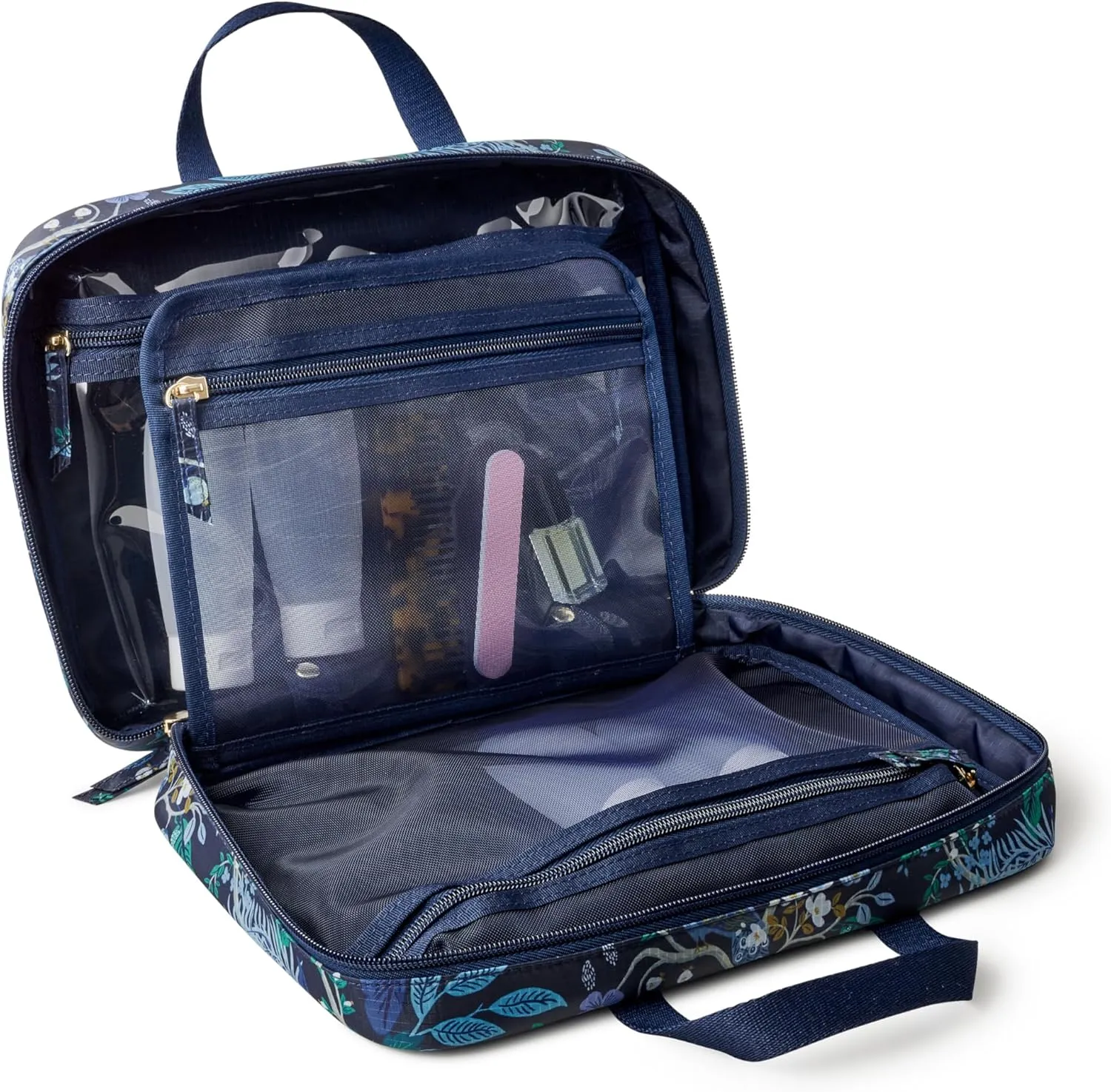 RIFLE PAPER CO. Travel Toiletry and Cosmetic Case | Multi Pocket Makeup Organizer Bag, Zipper Closure, Removable Clear Pouch, Lay Flat Design | Peacock Pattern