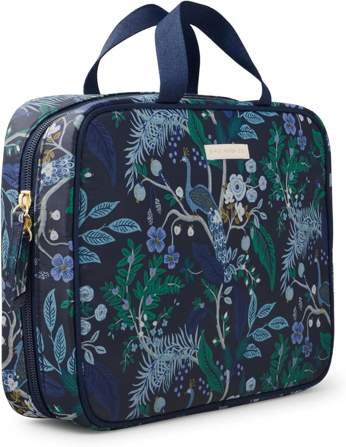 RIFLE PAPER CO. Travel Toiletry and Cosmetic Case | Multi Pocket Makeup Organizer Bag, Zipper Closure, Removable Clear Pouch, Lay Flat Design | Peacock Pattern