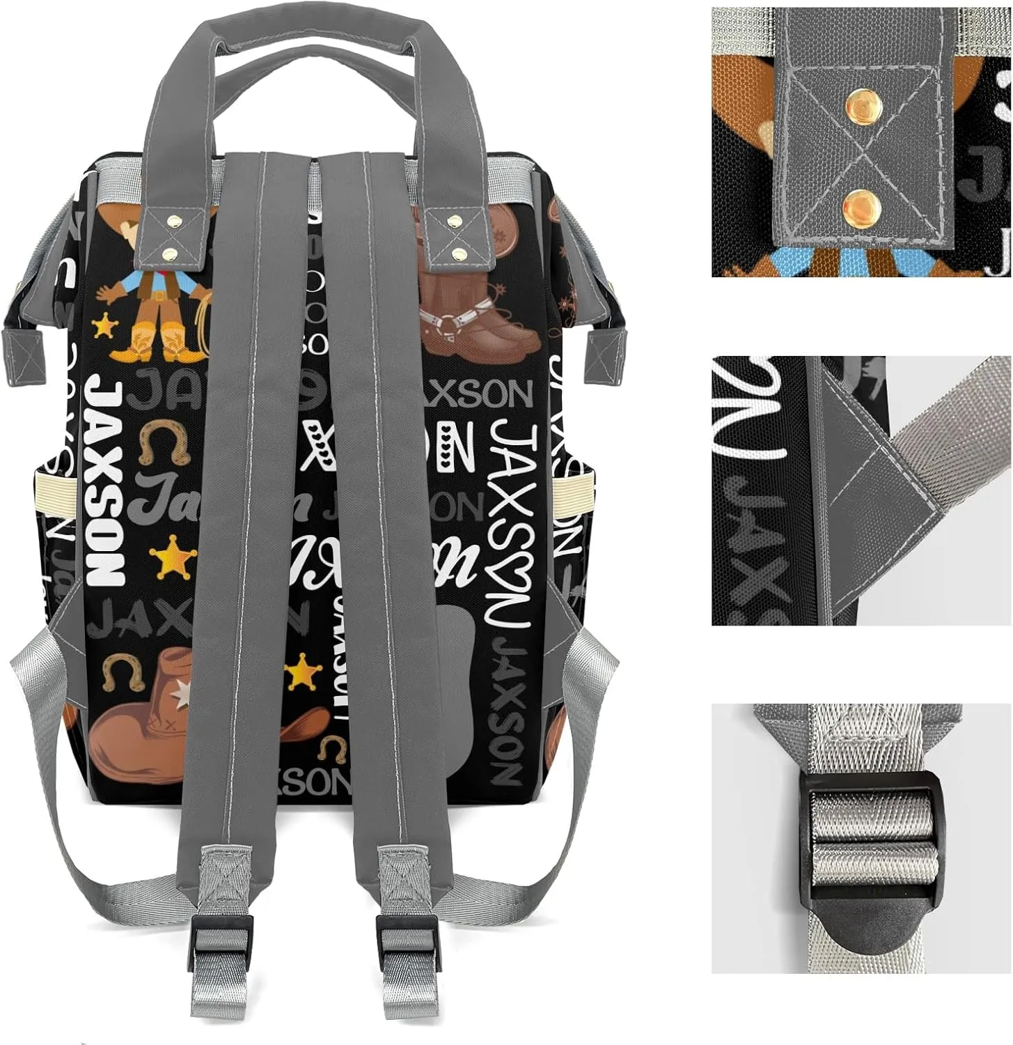Rodeo Cowboy Black Gray Personalized Large Capacity Diaper Bags,Custom Name Backpack Casual Daypack Bag Nappy Bag Gifts, SFA055SS