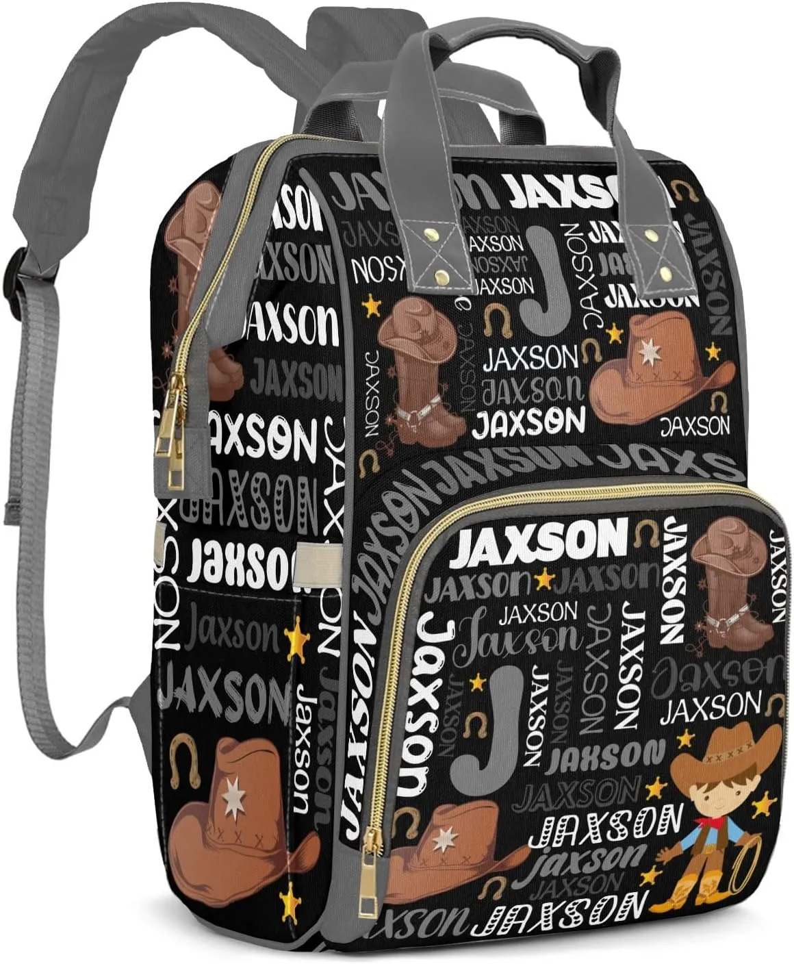 Rodeo Cowboy Black Gray Personalized Large Capacity Diaper Bags,Custom Name Backpack Casual Daypack Bag Nappy Bag Gifts, SFA055SS