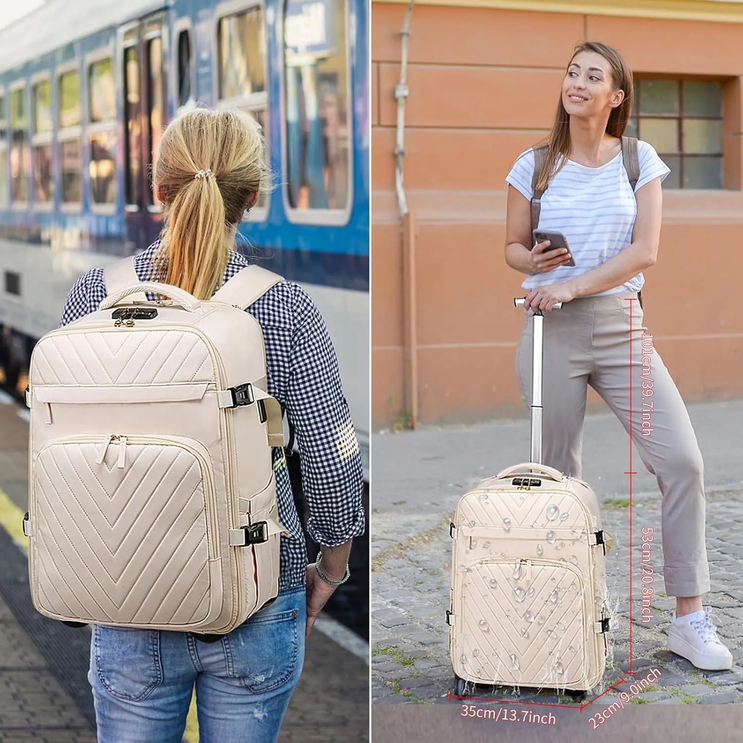 Rolling Backpack for Women, 20inch Wheeled Backpack with Anti-theft Layer, Laptop Backpack With USB Port & Lock, Waterproof Business Travel Backpack with 6 Bags, Beige